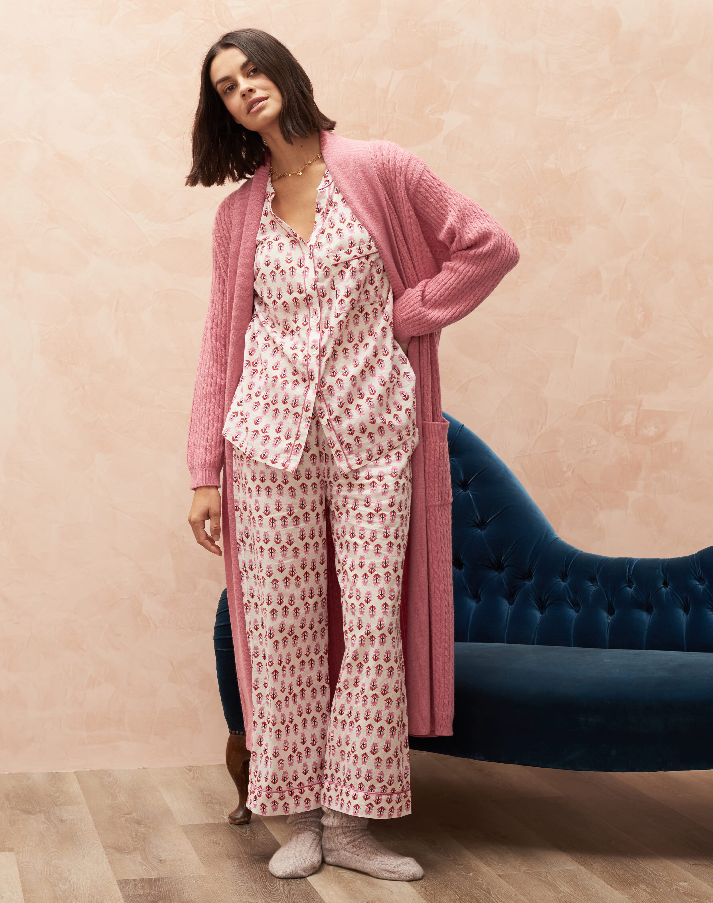 Cashmere Cable Dressing Gown in Old Rose Brora Nightwear