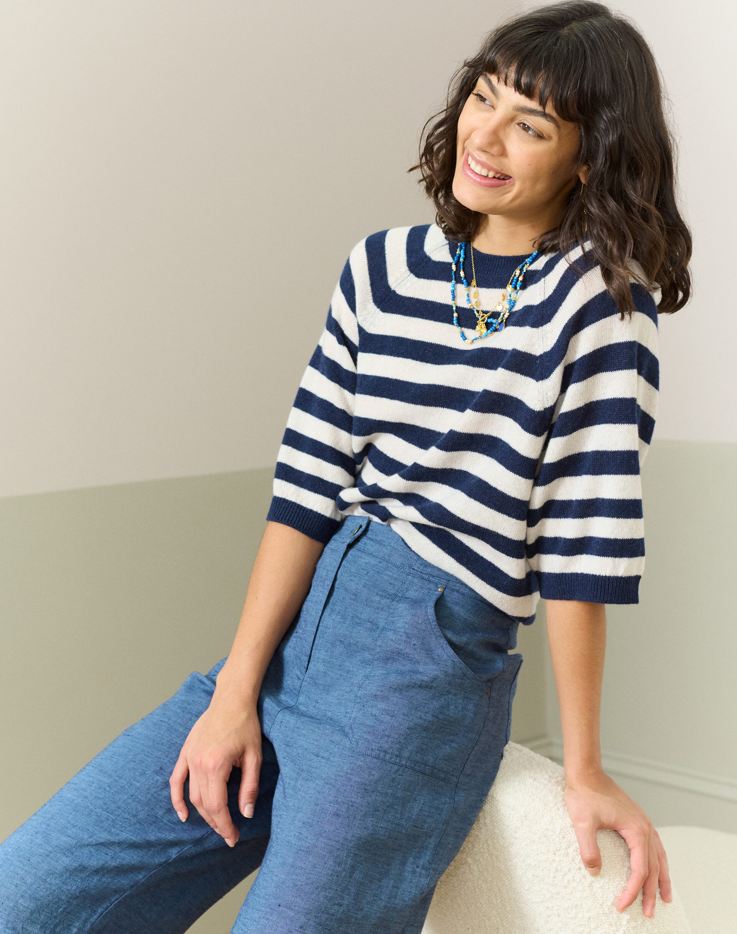 Brora Cashmere Slouchy Breton T-Shirt French navy & swan  - Size: 12-14