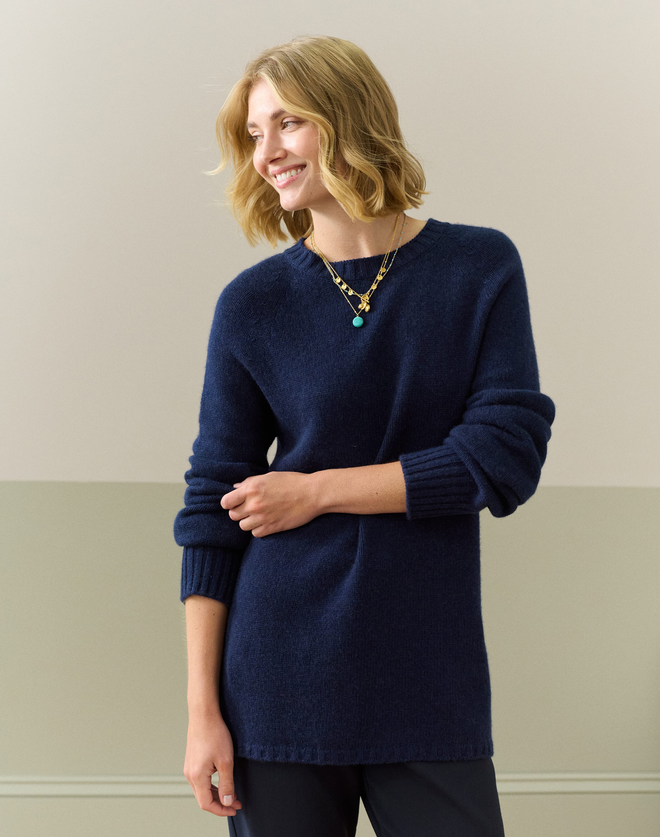 Brora Cashmere Long Line Jumper French Navy  - Size: 8-10
