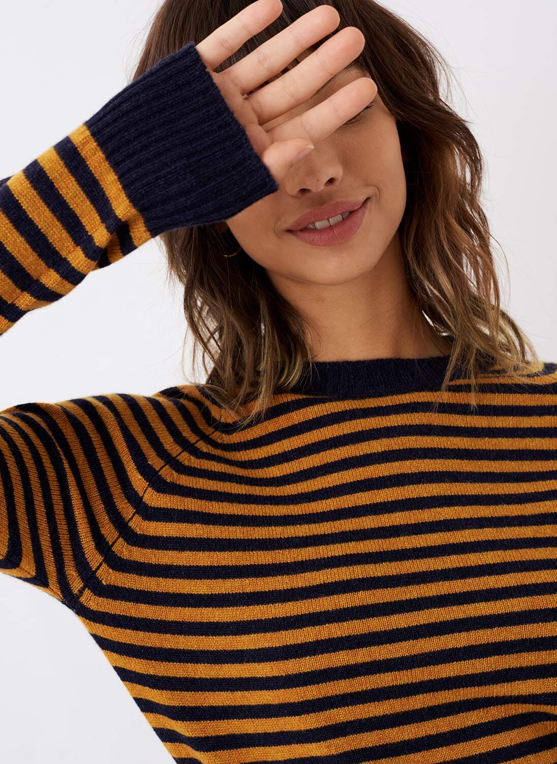 Women's Midnight & Saffron Cashmere Stripy Jumper | Brora