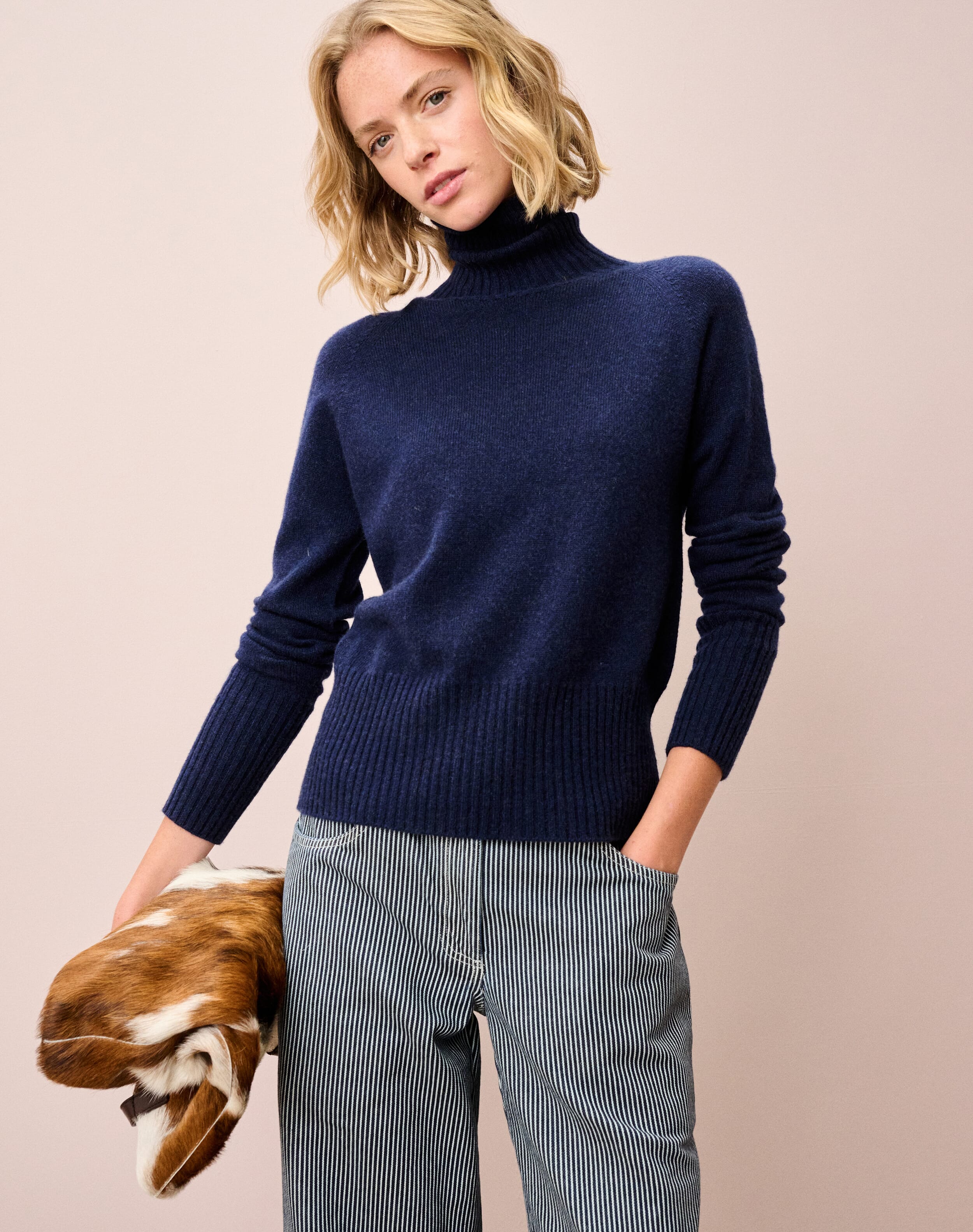 Scottish Cashmere Boxy Polo Neck in French Navy | Brora