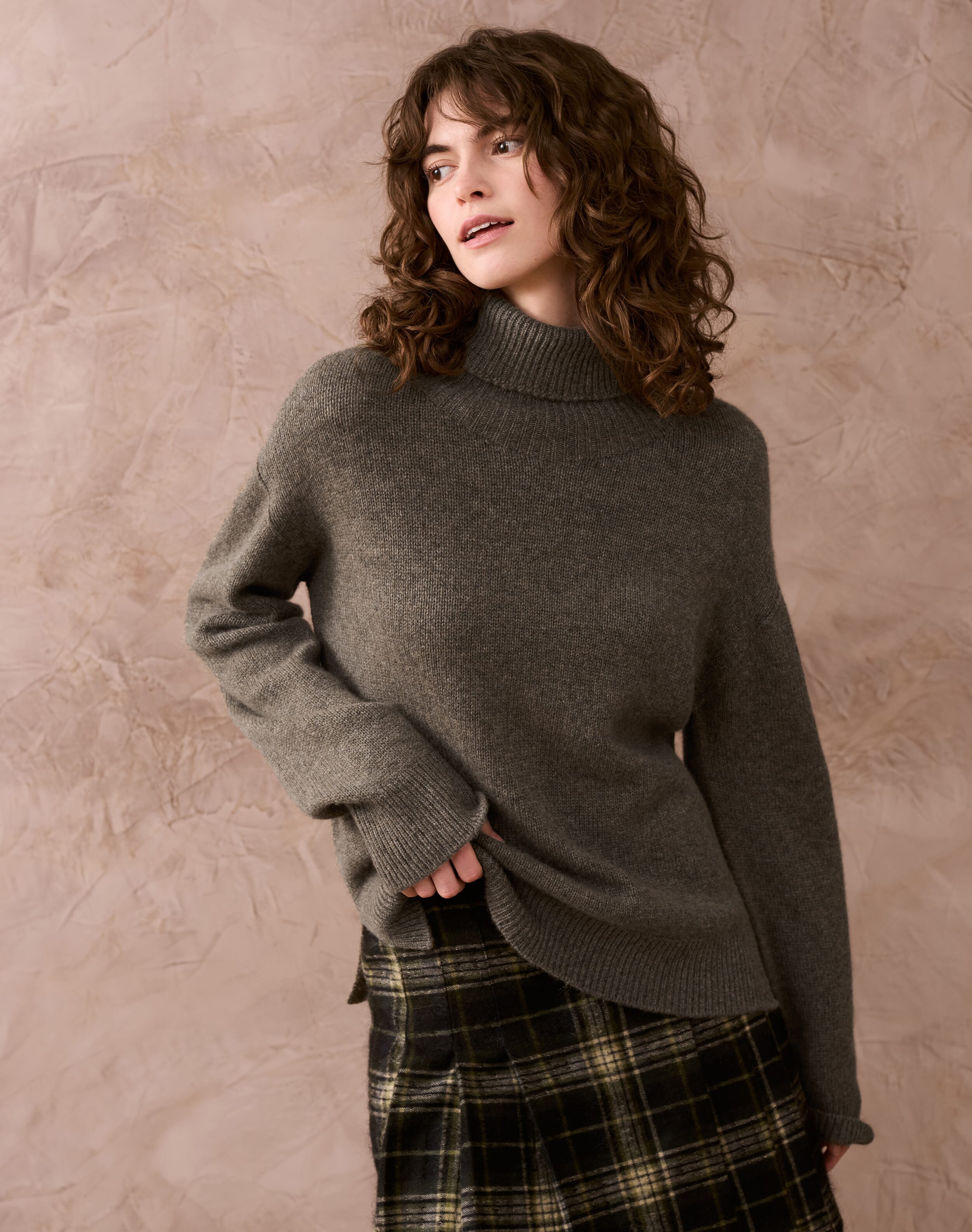 Brora Cashmere Luxe Knit Polo Neck Mushroom