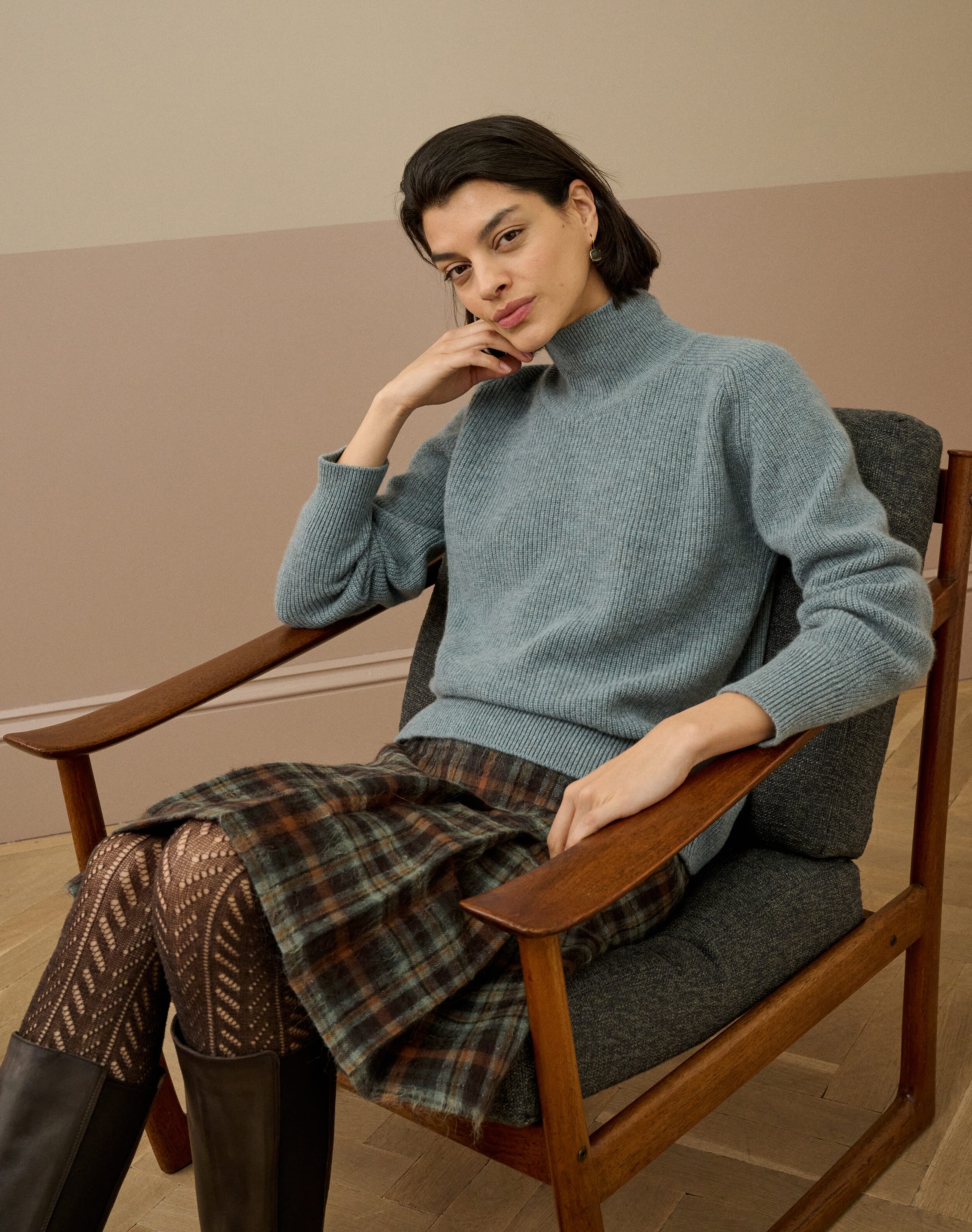 Brora Cashmere Ribbed Week End Polo Neck Mercury