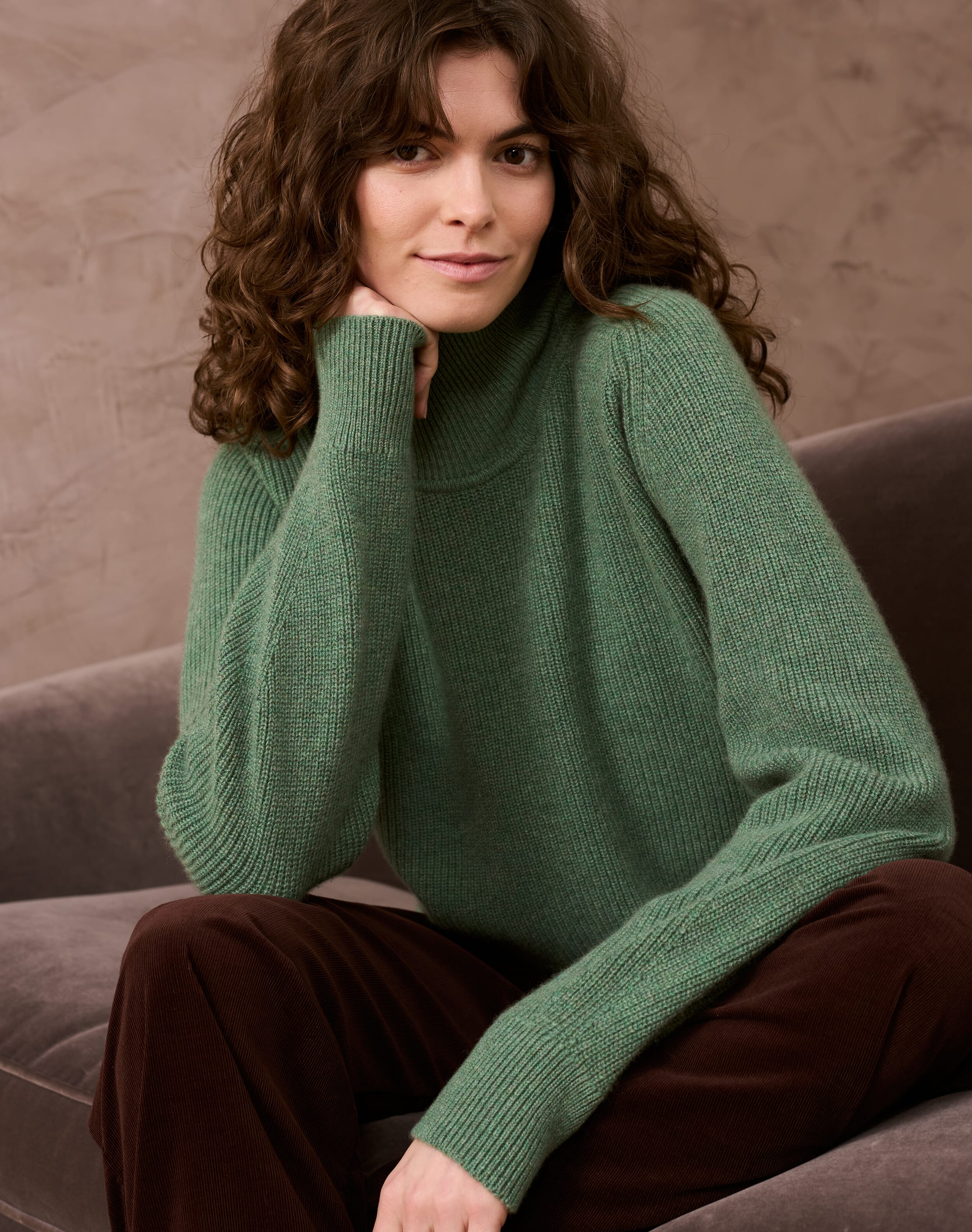 Brora Cashmere Ribbed Week End Polo Neck Thyme