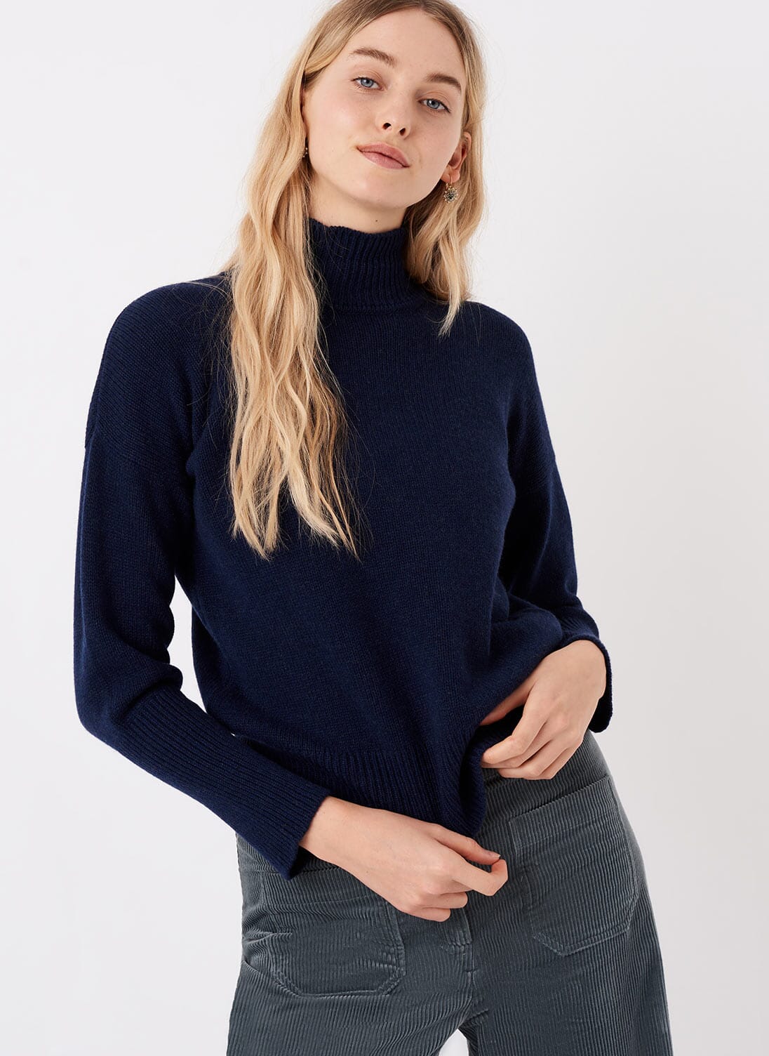 Women's French Navy Cashmere Luxe Knit Funnel Neck | Brora