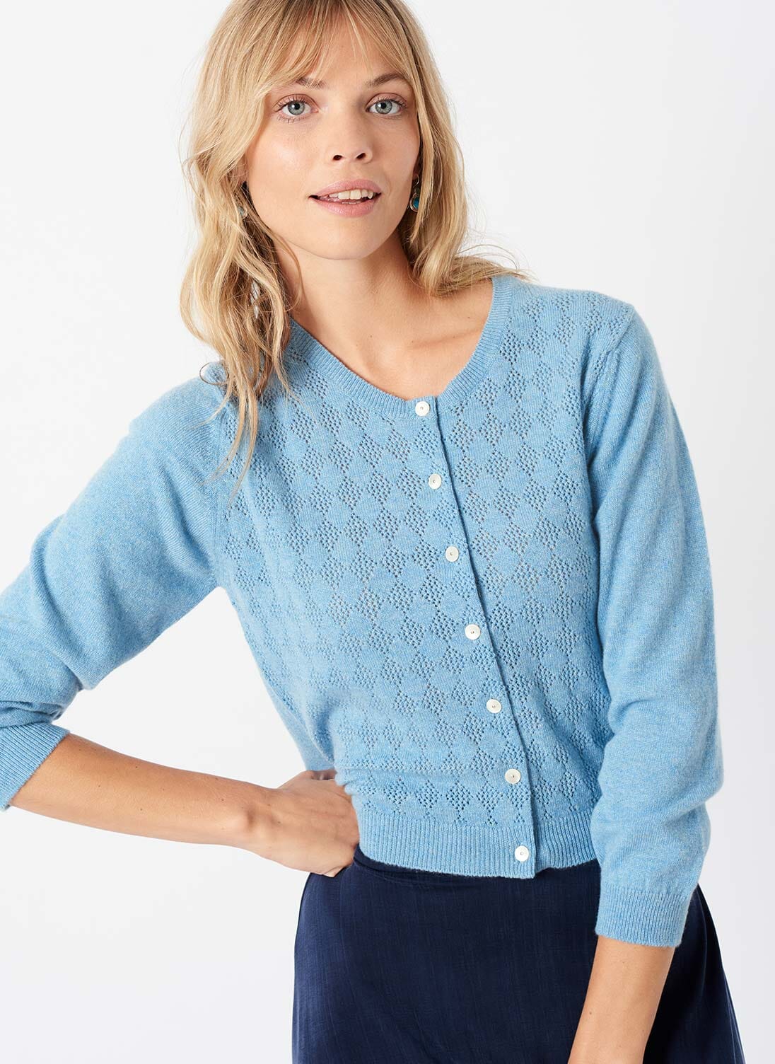 Periwinkle Cashmere Pointelle Cardigan | Cashmere Jumpers & Cardigans ...