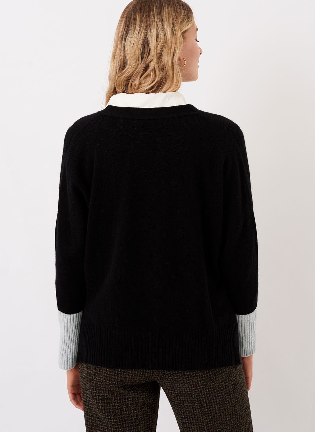 Women's Black & Pearl Cashmere Contrast Cuff Cardigan | Brora