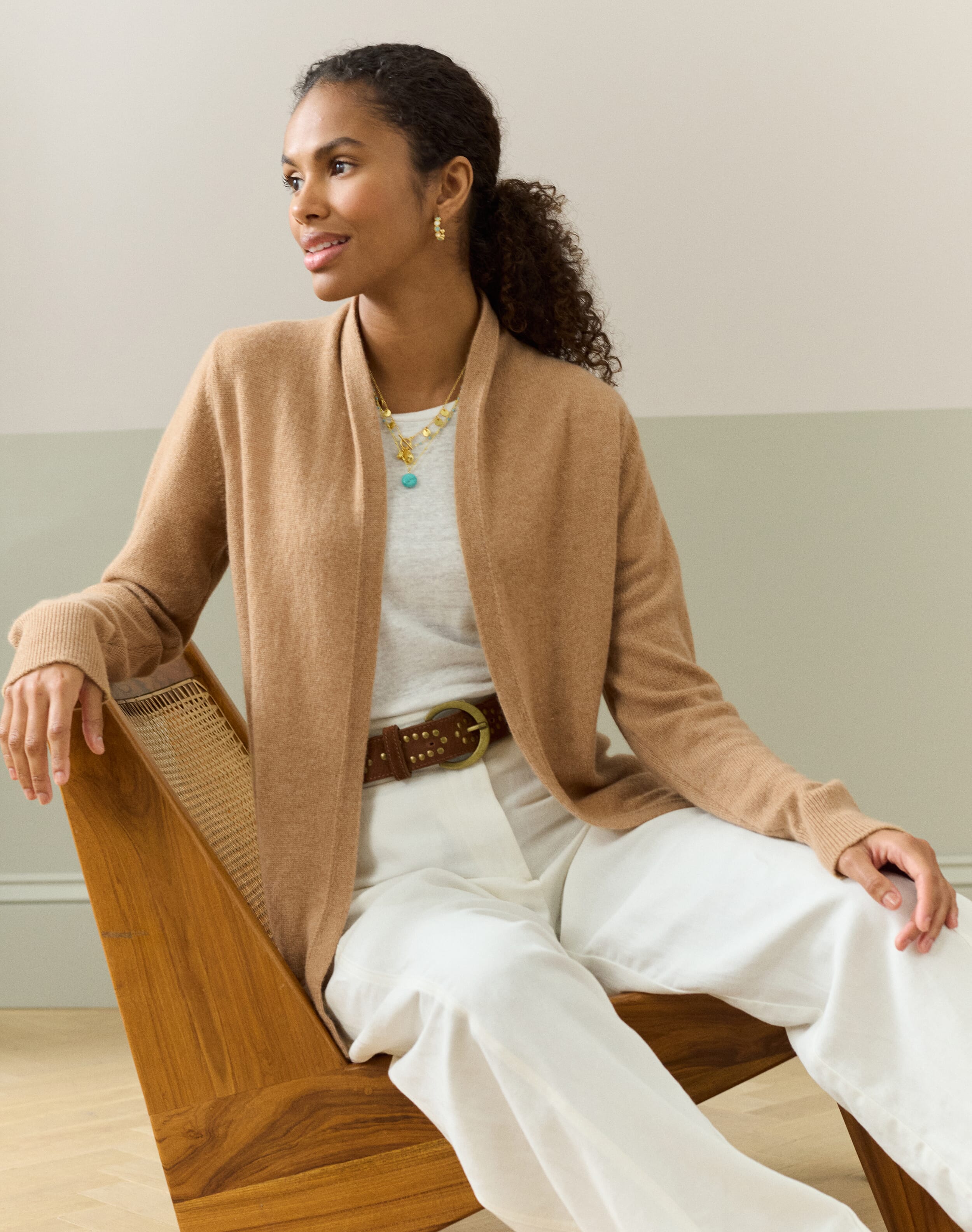 Brora Cashmere Gauzy Shawl Cardigan Camel