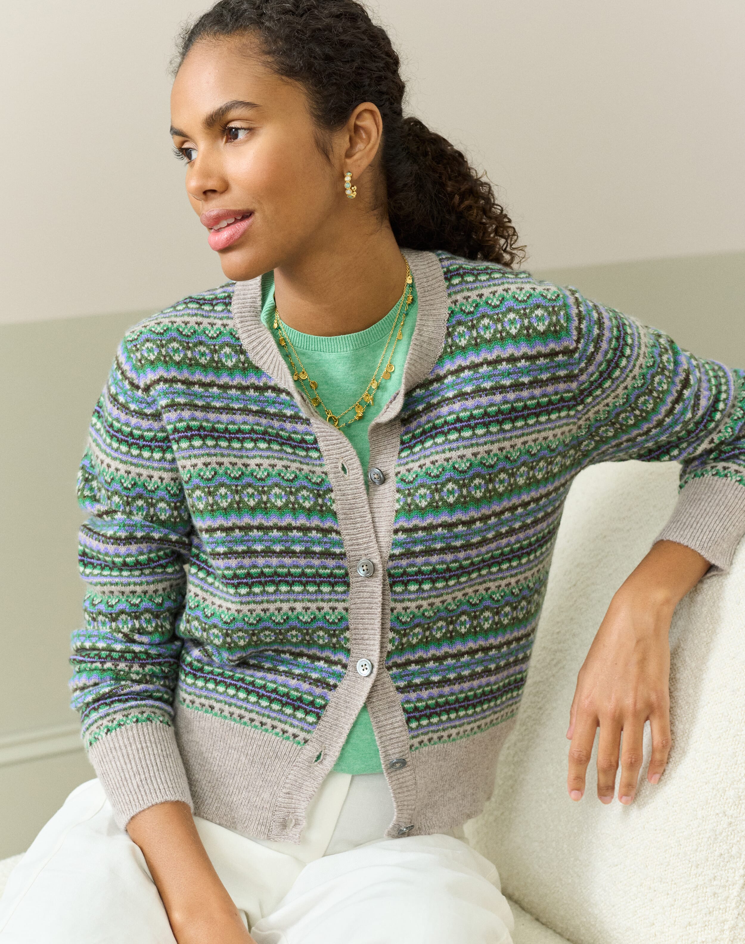 Brora Cashmere Fair Isle Cardigan Ash
