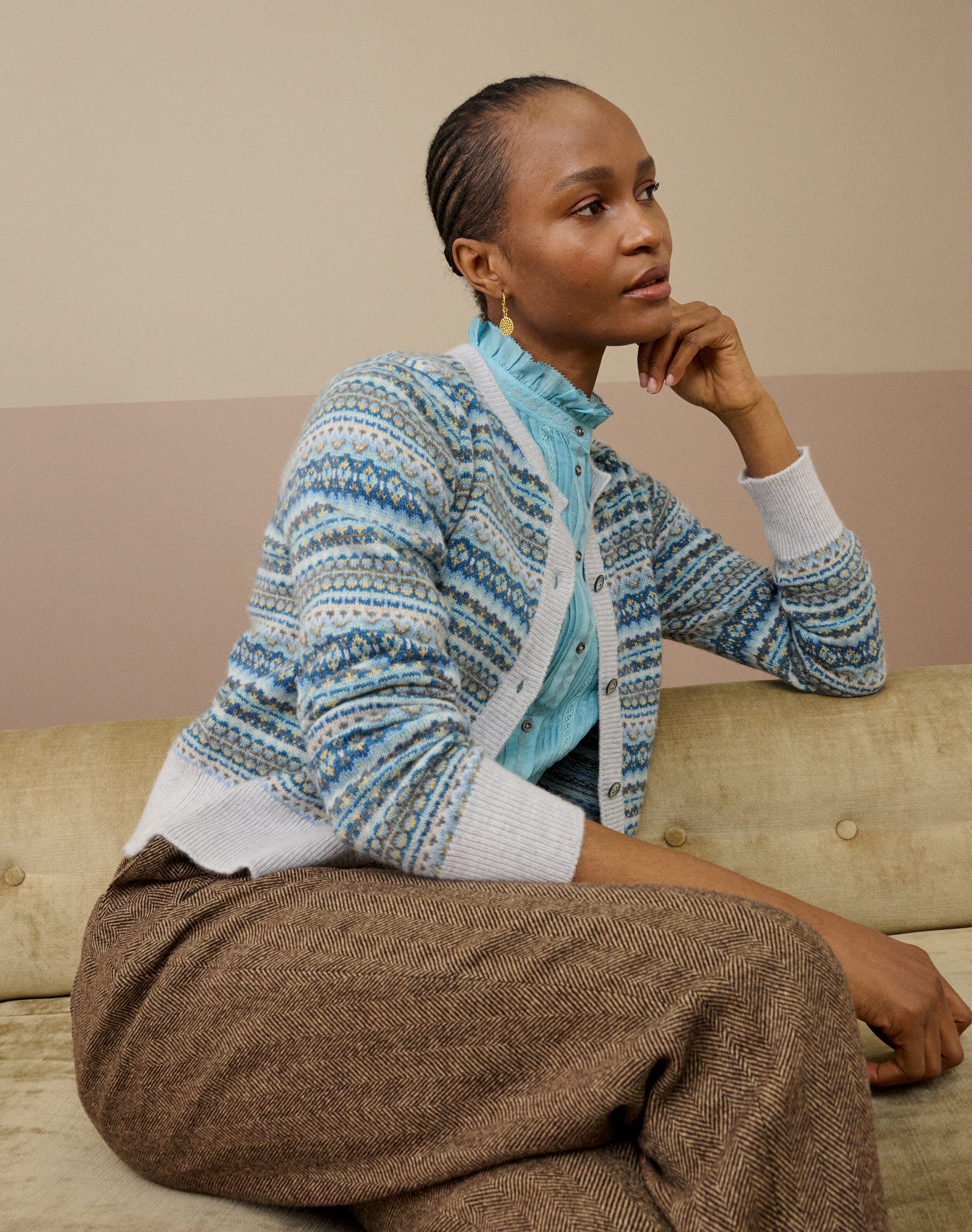 Cashmere Fair Isle Cardigan in Pearl | Brora Sale