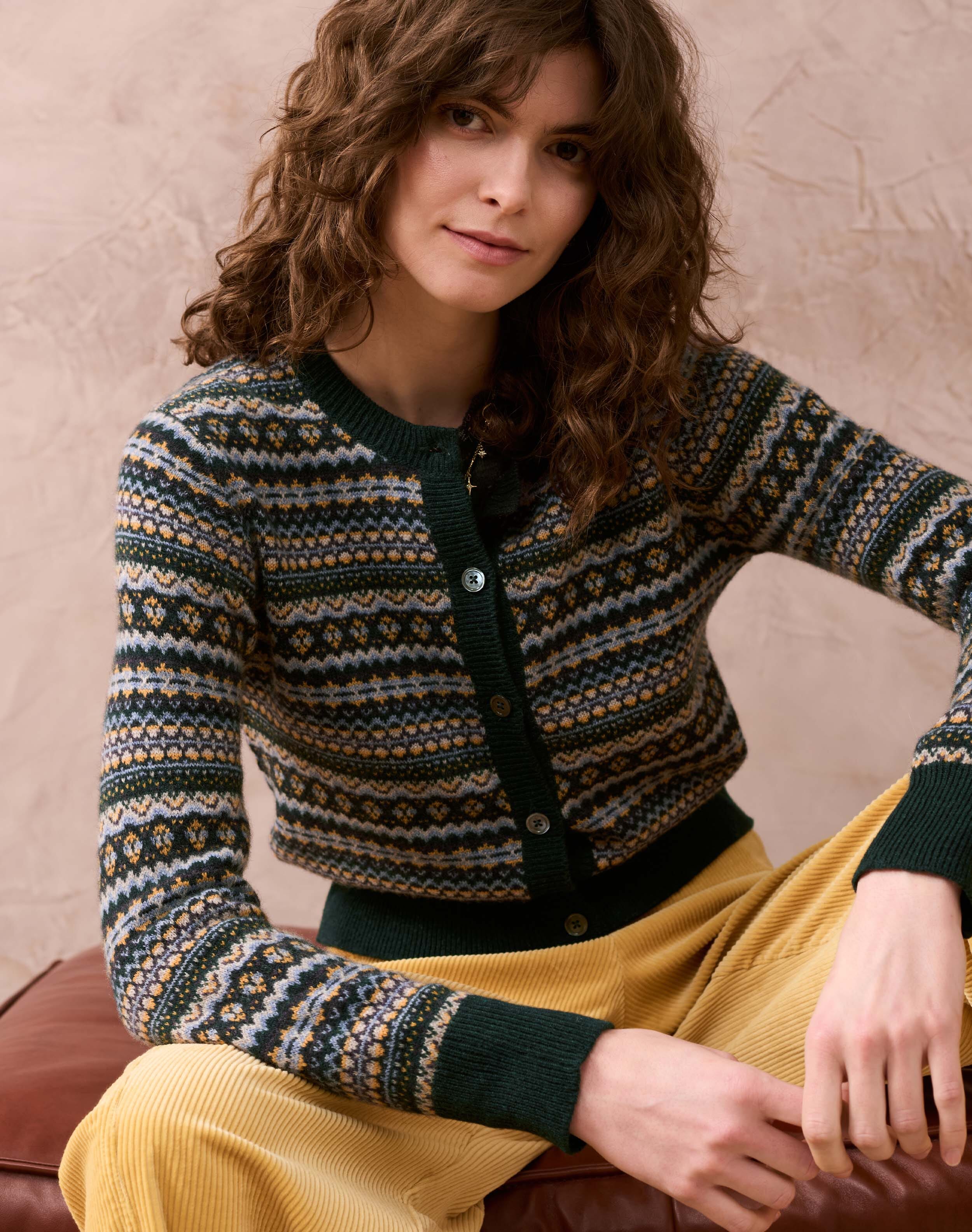 Brora Cashmere Fair Isle Cardigan Pine