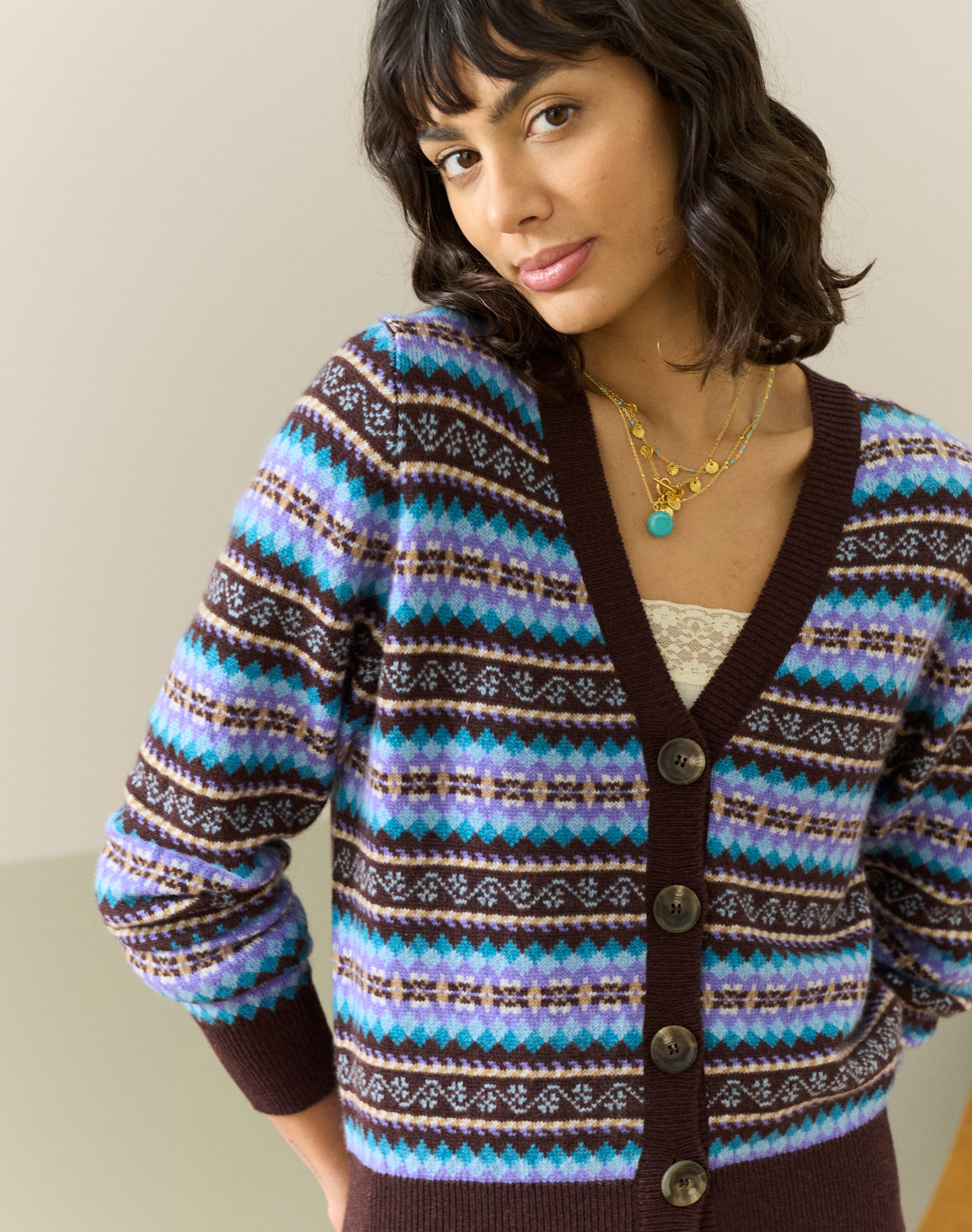 Brora Cashmere Fair Isle V Neck Cardigan Malt  - Size: 8-10