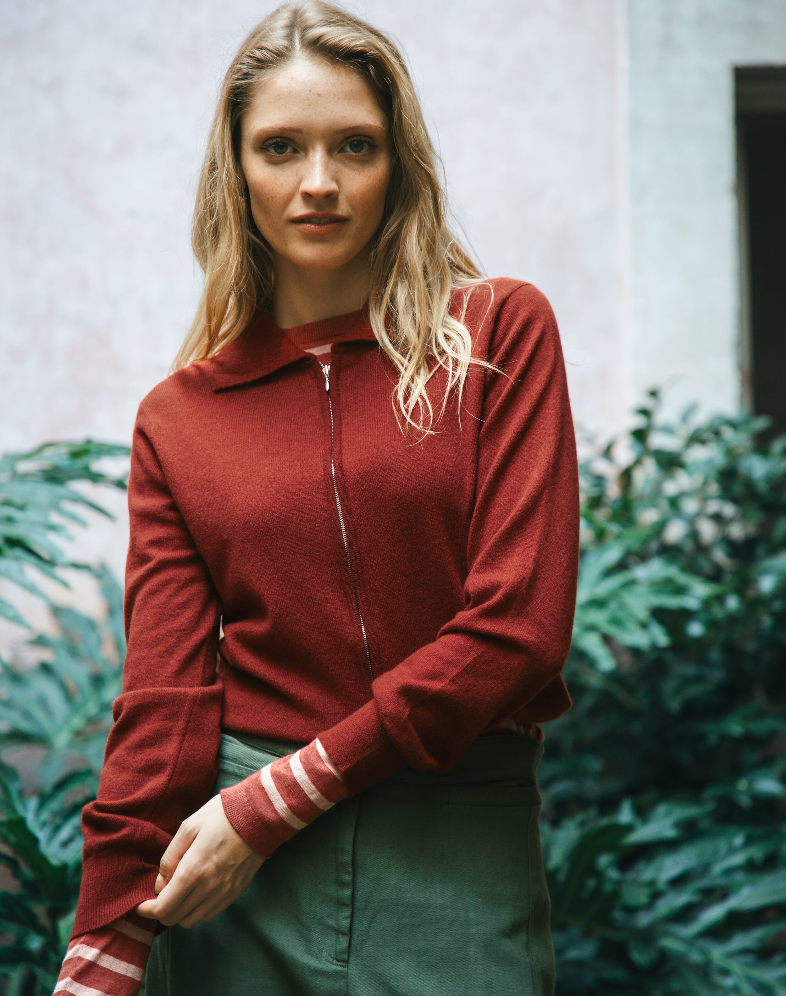 Brora Cashmere Zip Up Cardigan Paprika