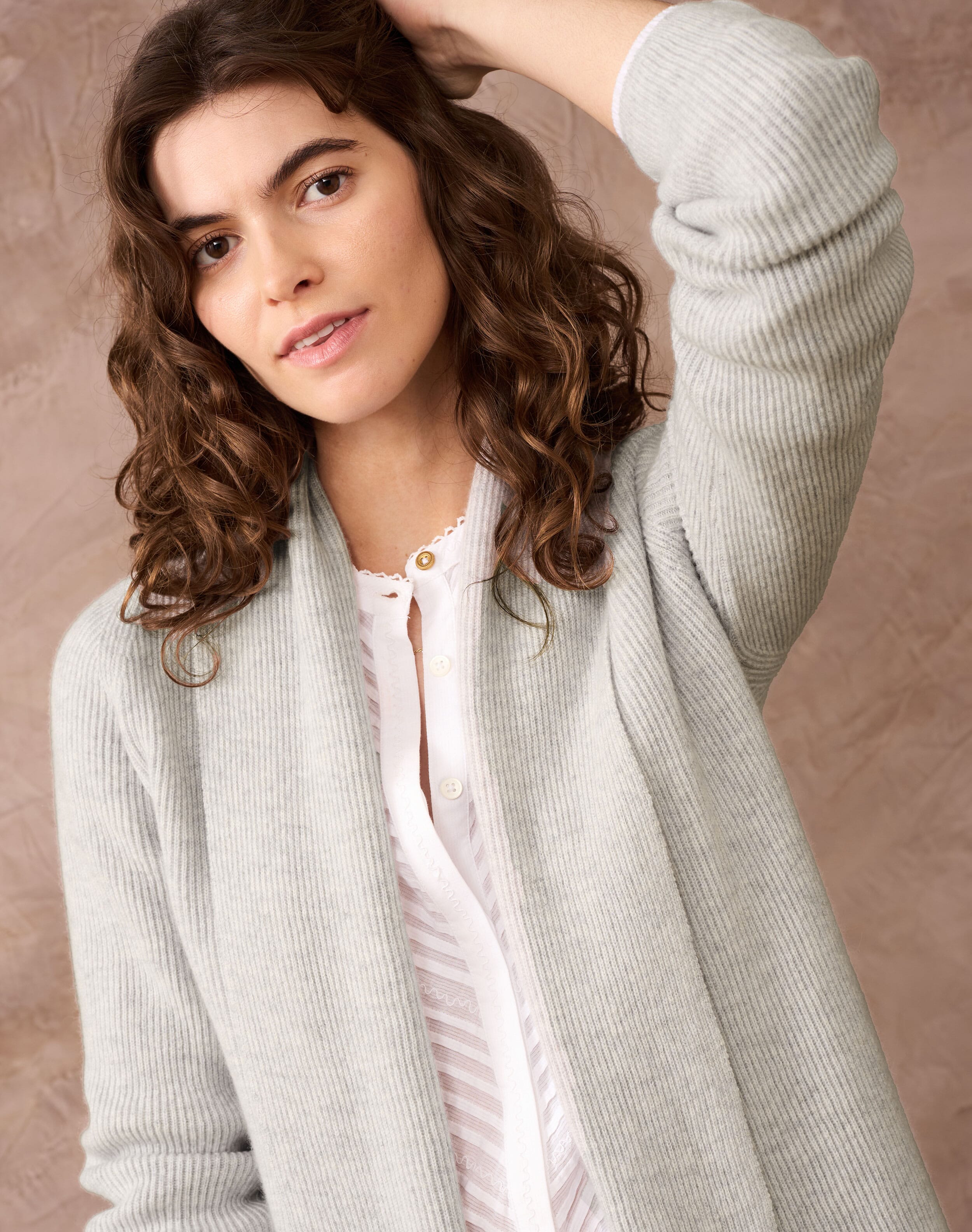 Brora Cashmere Shawl Ribbed Cardigan Pearl