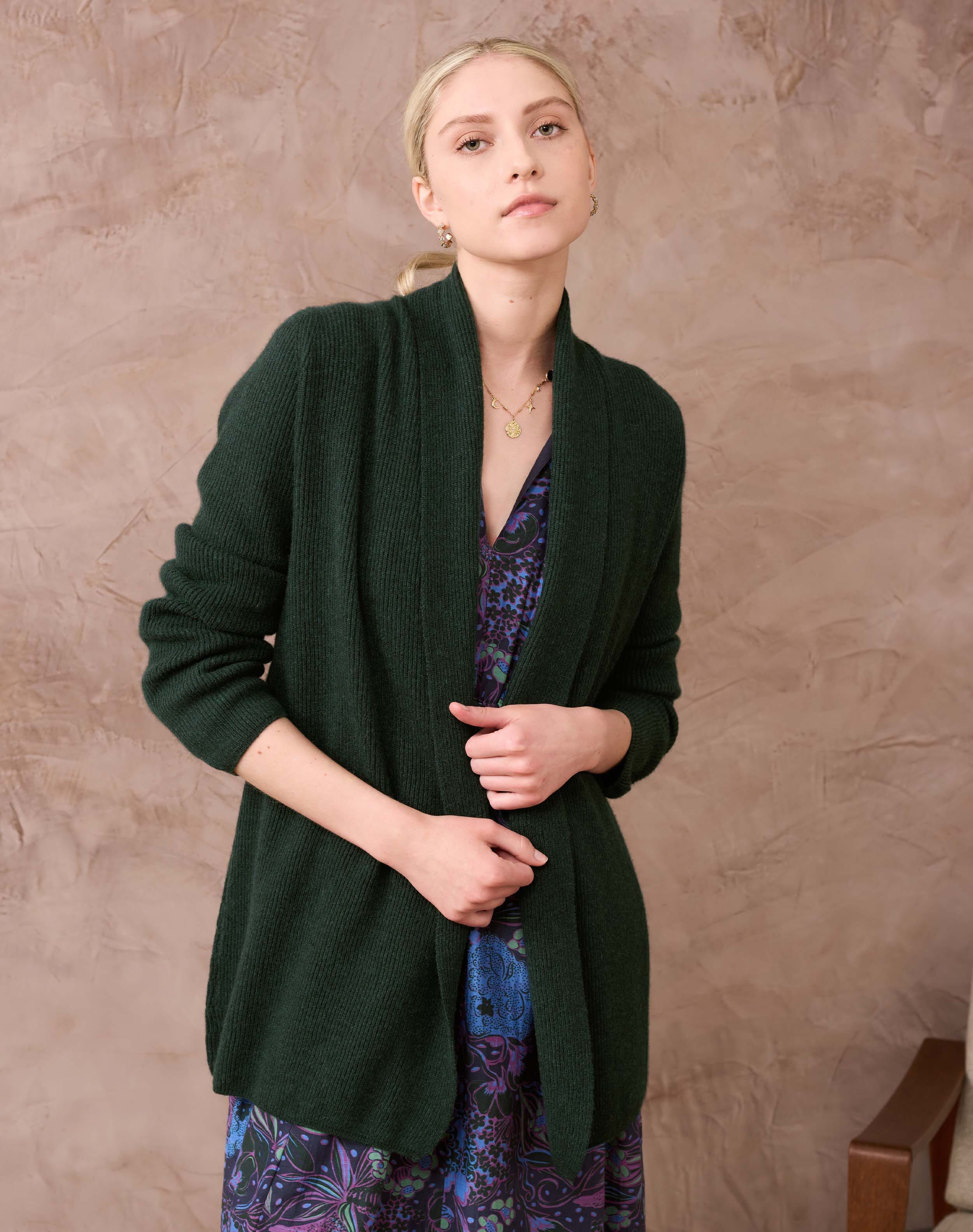 Brora Cashmere Shawl Ribbed Cardigan Pine