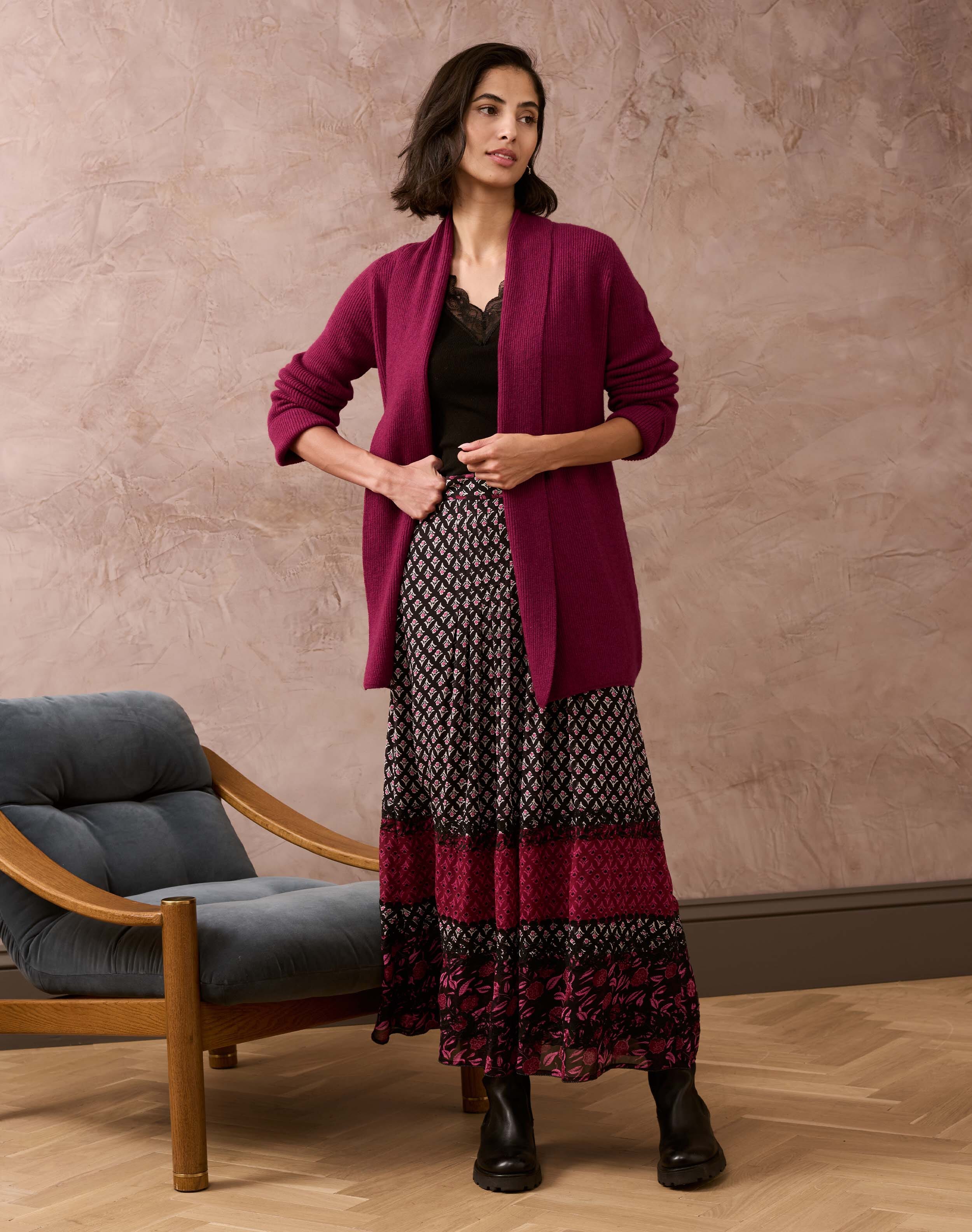 Scottish Cashmere Shawl Ribbed Cardigan in Mulberry Cardigans Brora