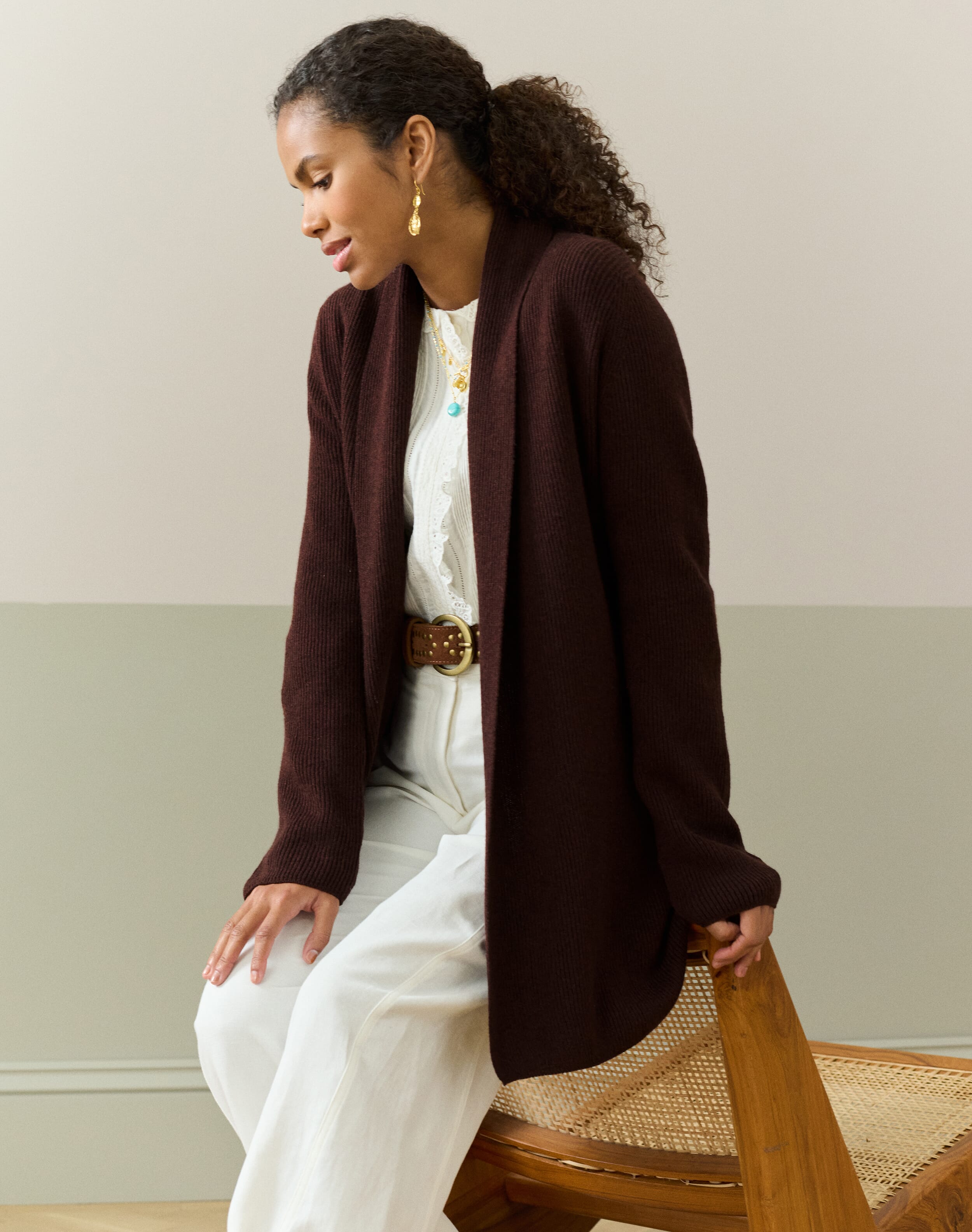 Brora Cashmere Shawl Ribbed Cardigan Malt