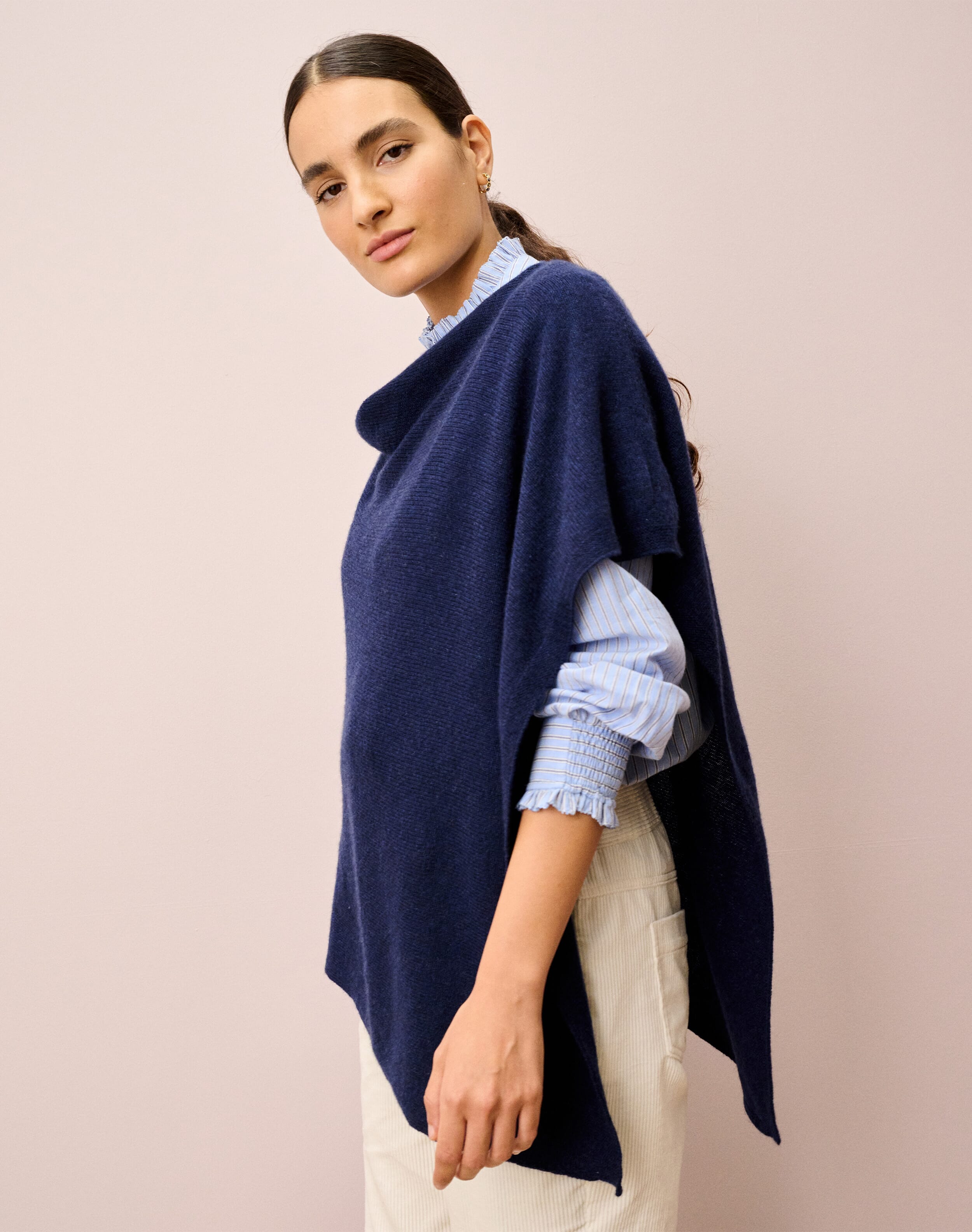 Scottish Cashmere Gauzy Knit Poncho in French Navy | Brora