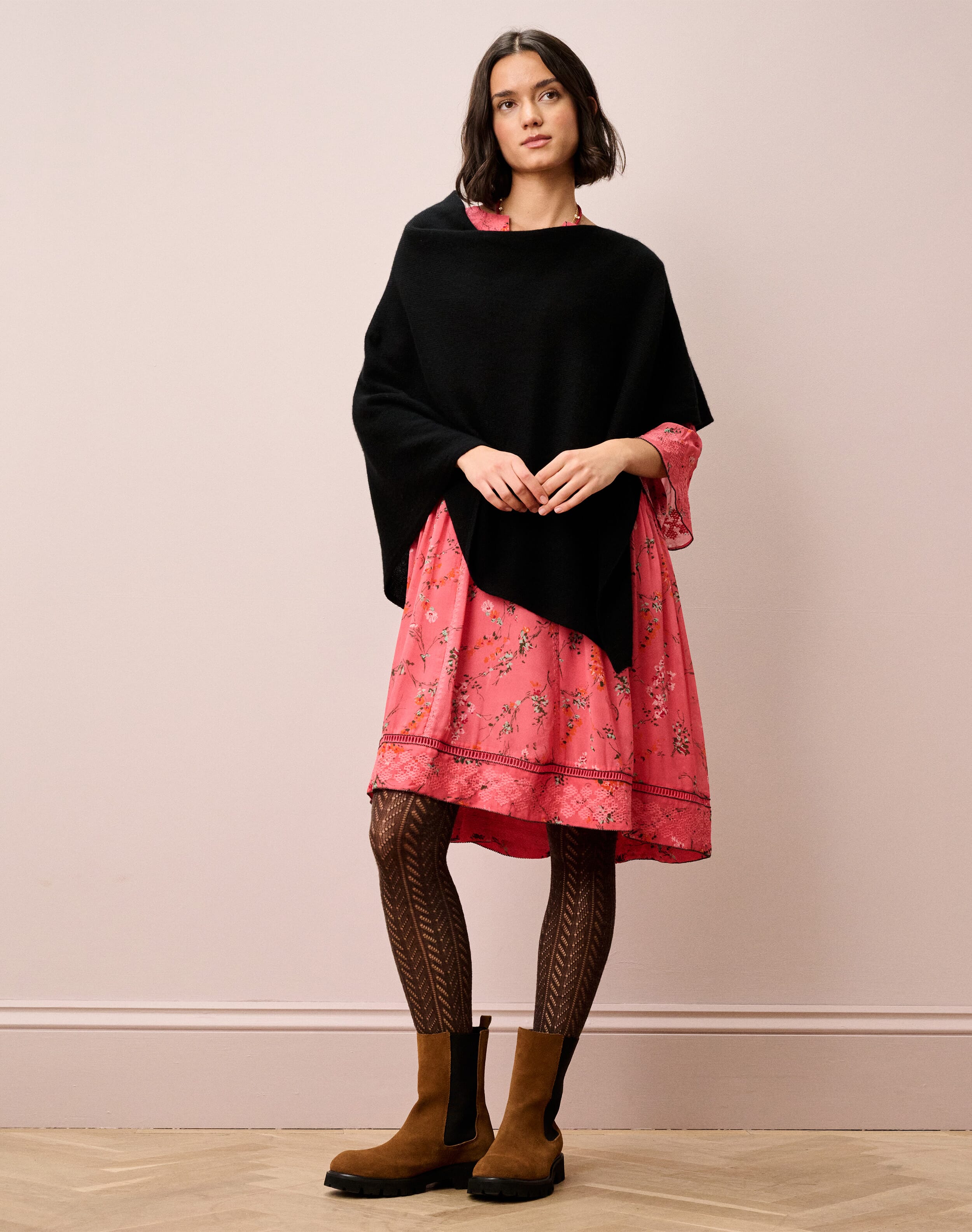 Scottish Cashmere Gauzy Knit Poncho in French Navy | Brora