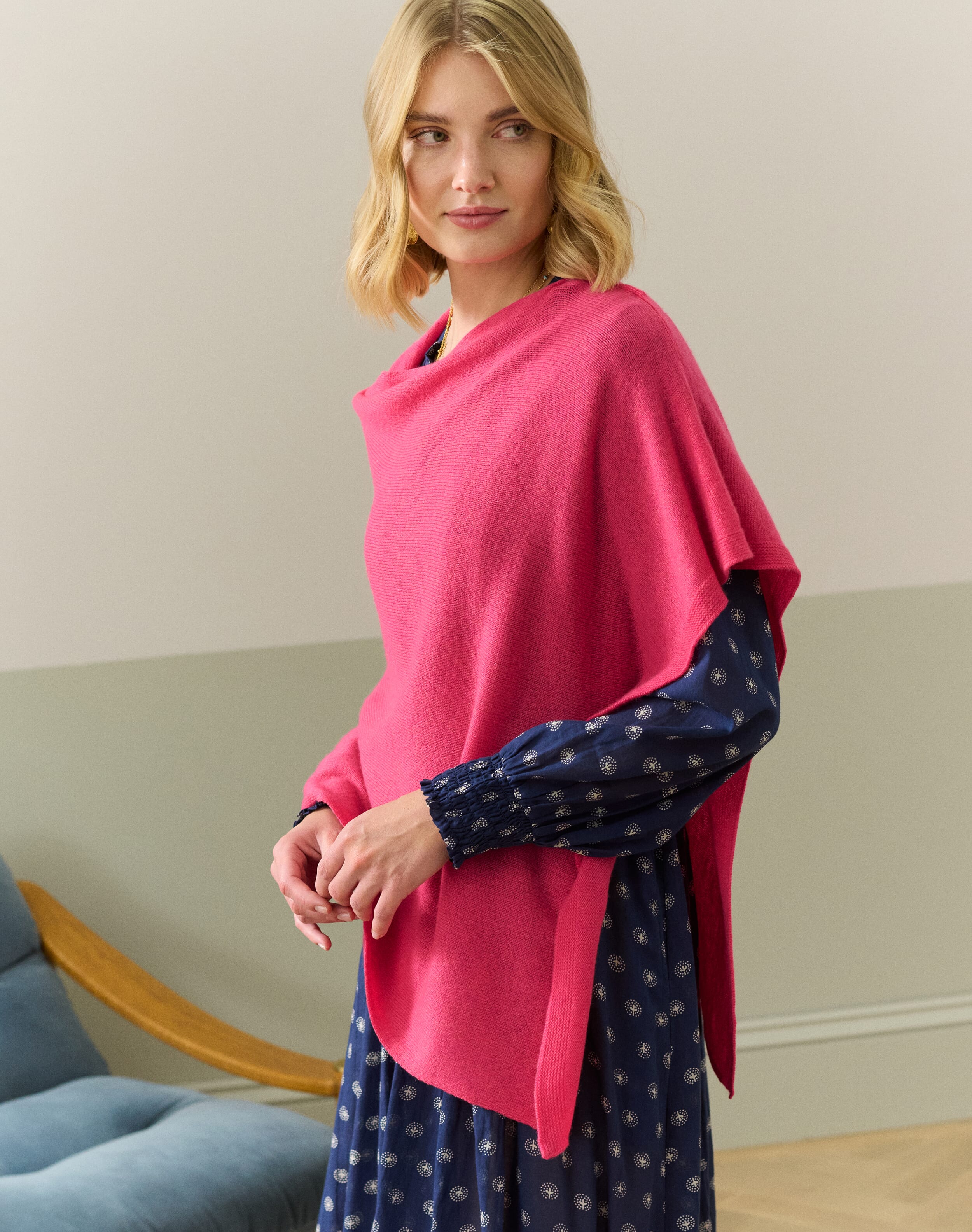 Brora Cashmere Gauzy Knit Poncho Geranium