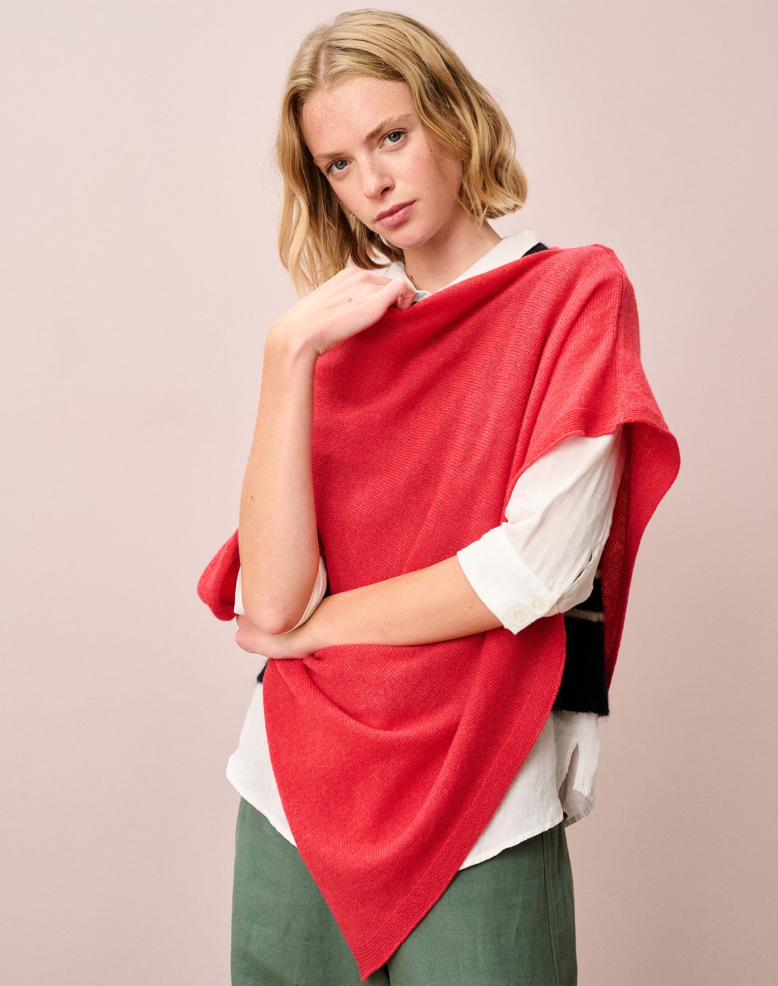 Scottish Cashmere Gauzy Knit Poncho in Tomato | Brora
