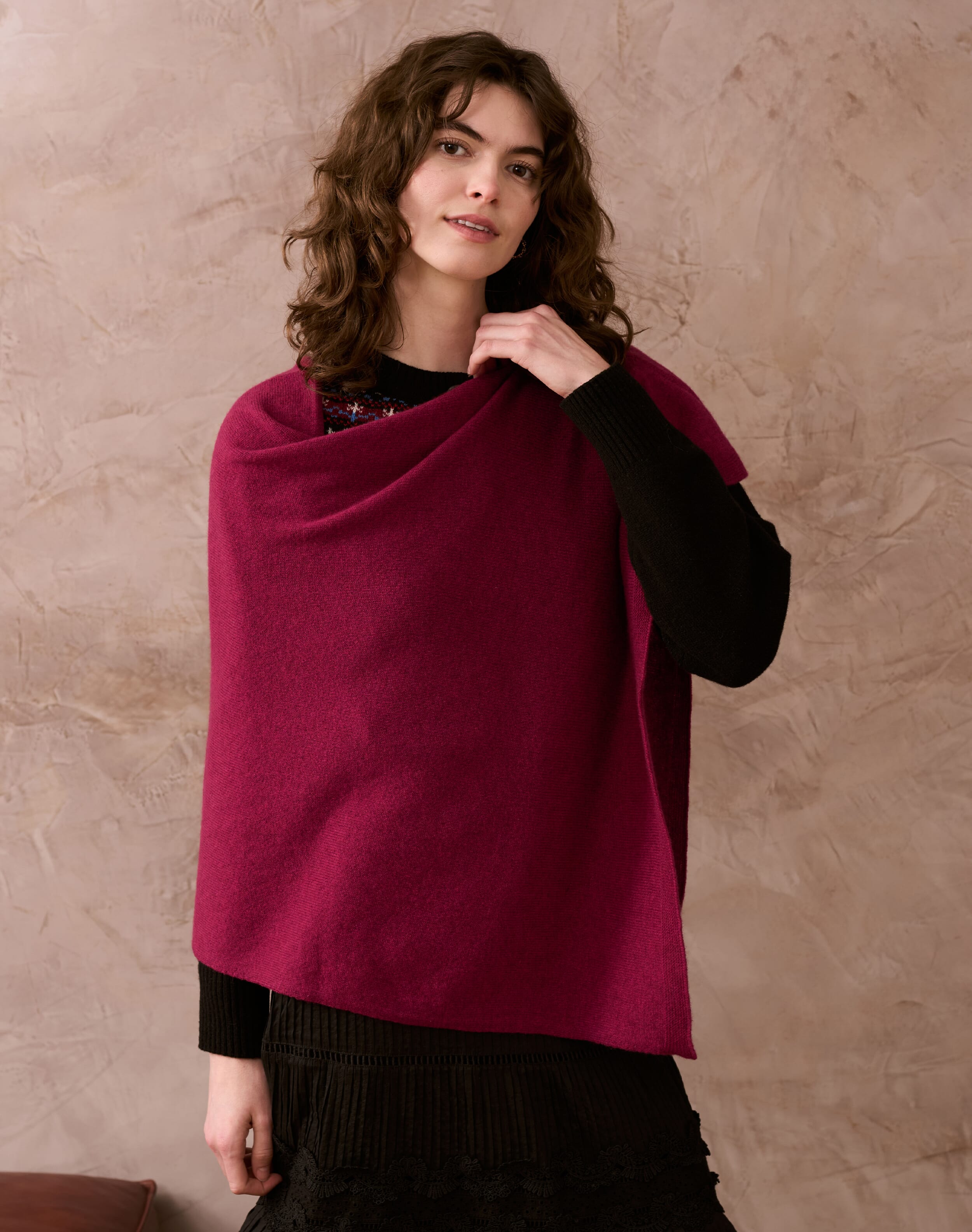 Brora Cashmere Gauzy Knit Poncho Mulberry