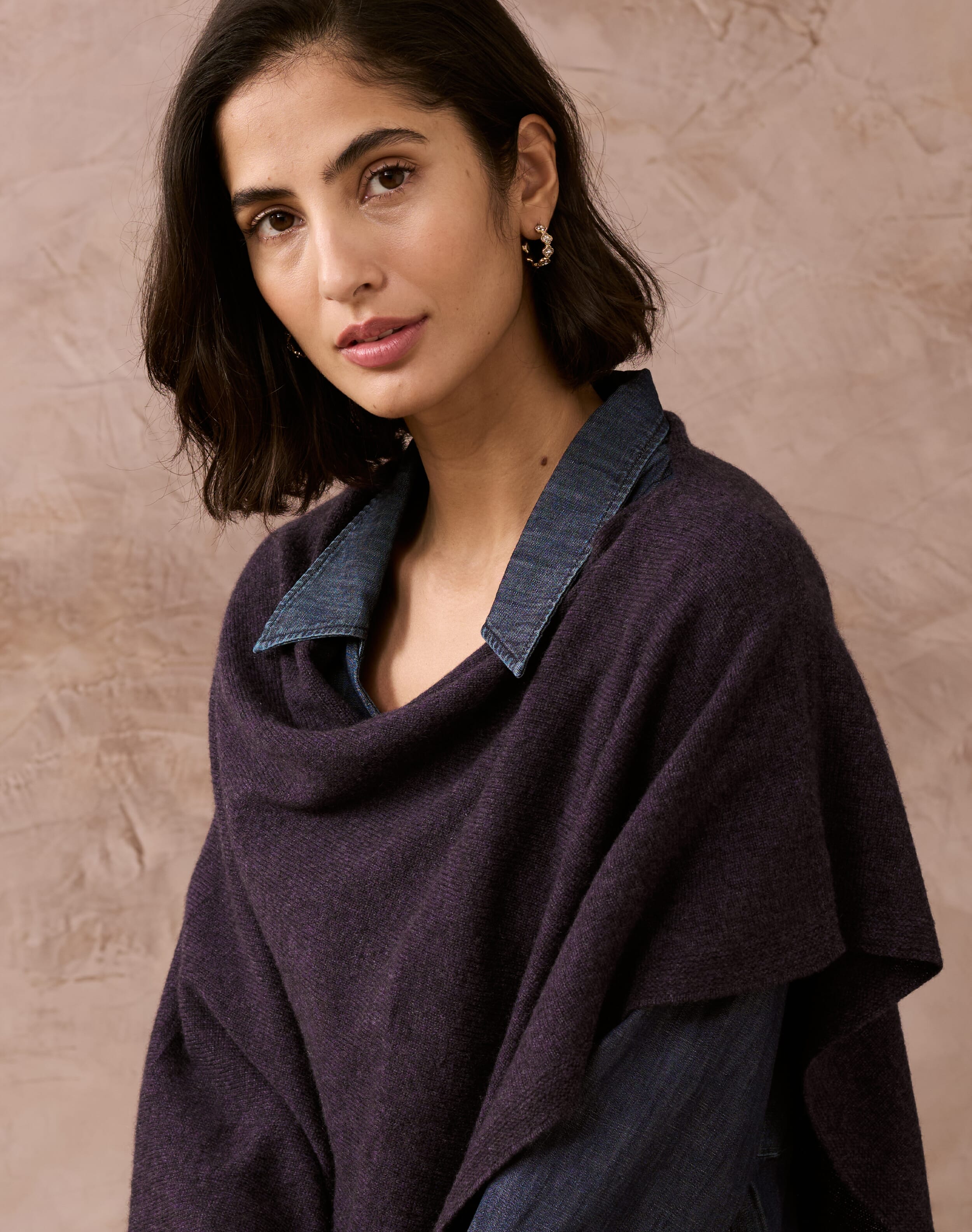 Cashmere Gauzy Knit Poncho Blackcurrant