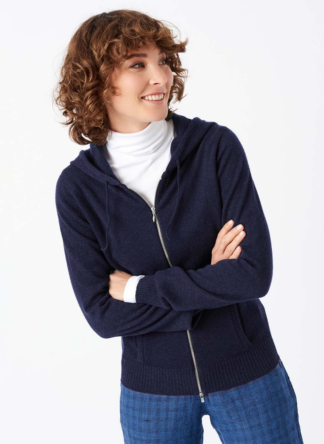 French Navy Cashmere Zip Hoody | Women's Cardigans | Brora