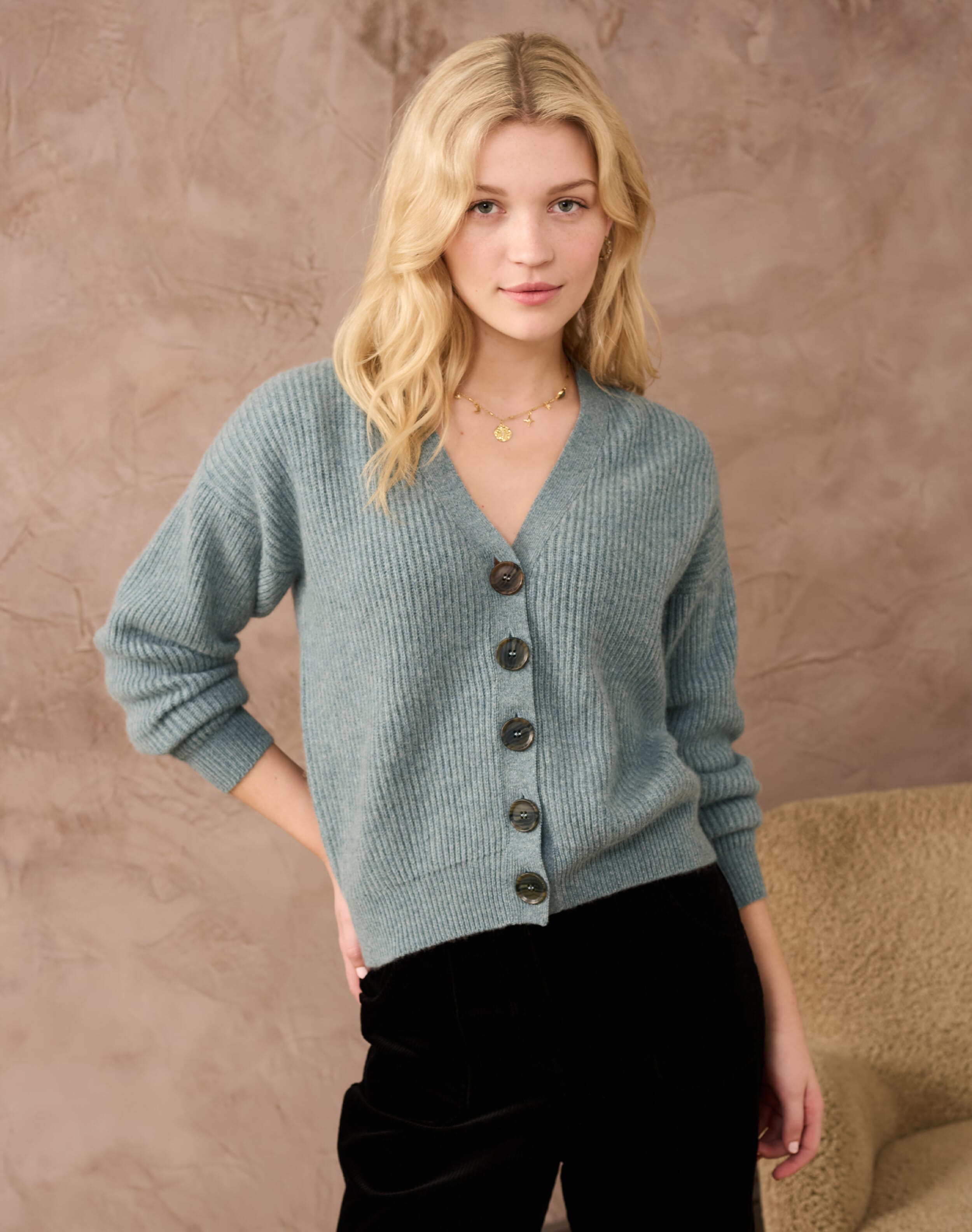 Brora Cashmere V Neck Ribbed Cardigan Mercury