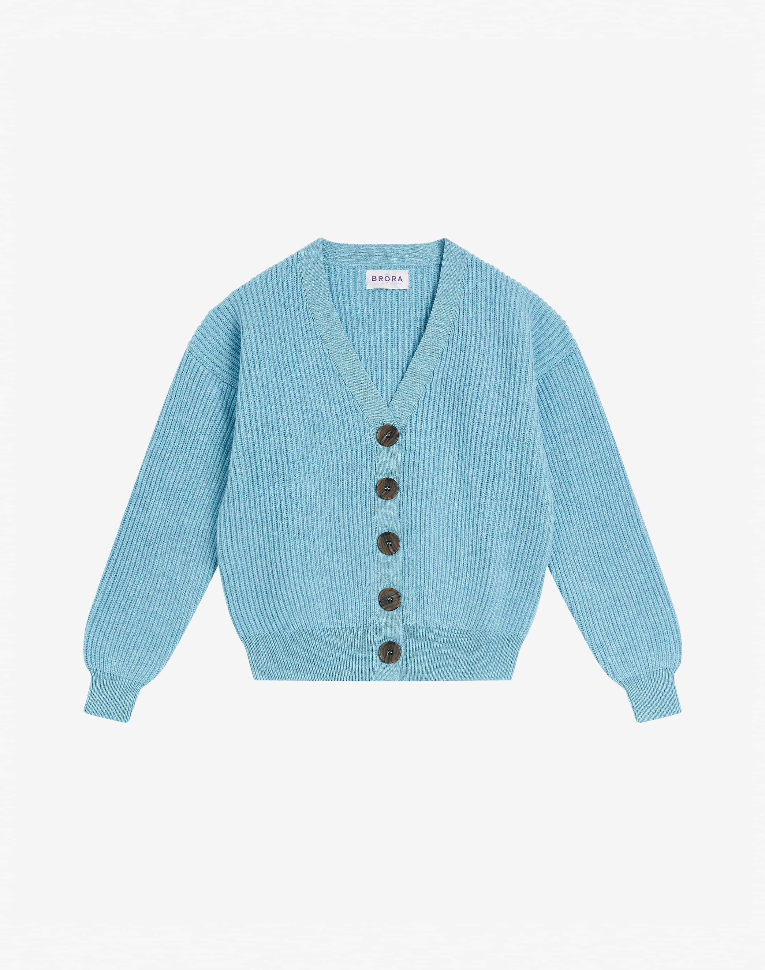 Scottish Cashmere V Neck Ribbed Cardigan in Aquamarine | Brora
