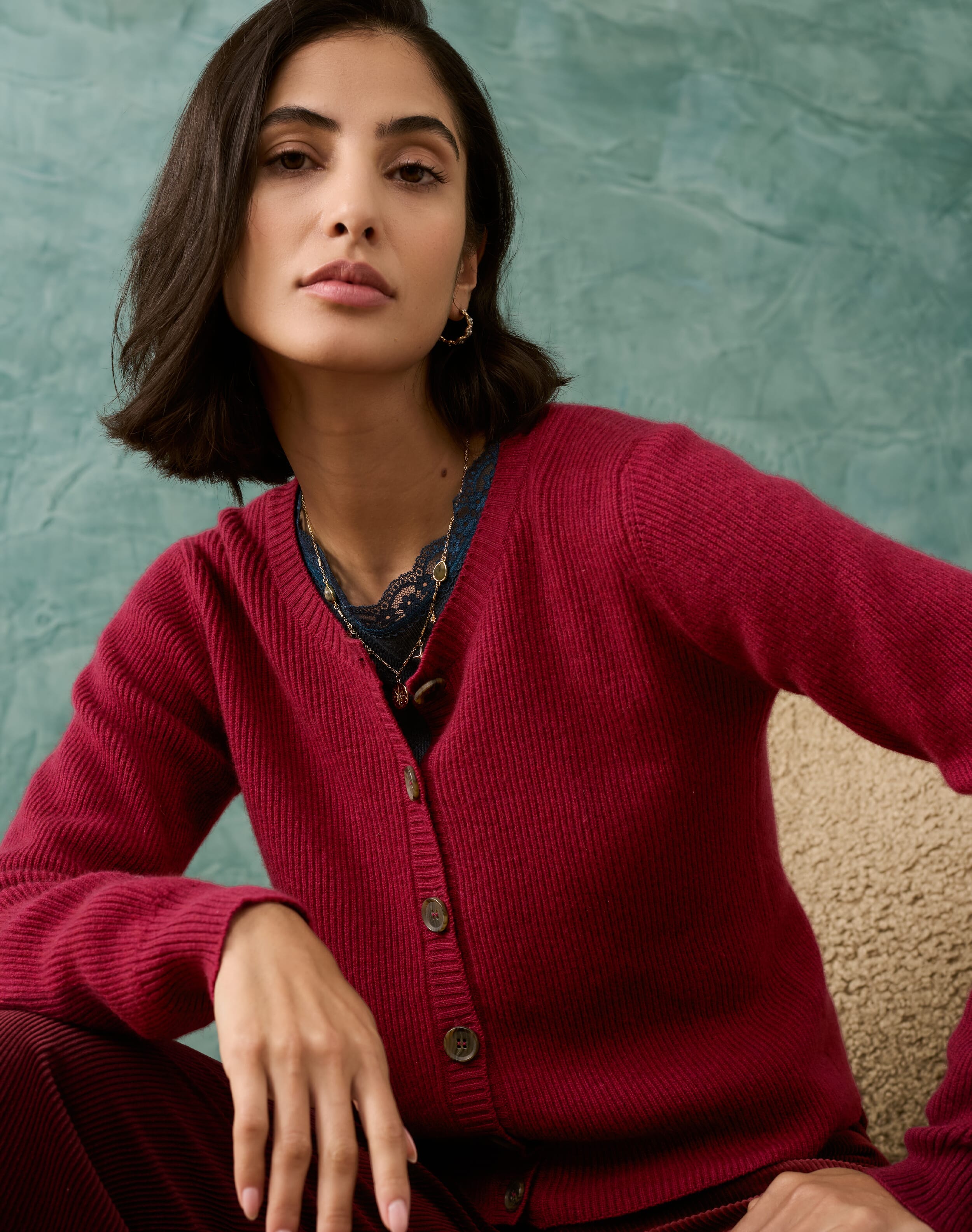 Brora Cashmere Ribbed Cardigan Mulberry