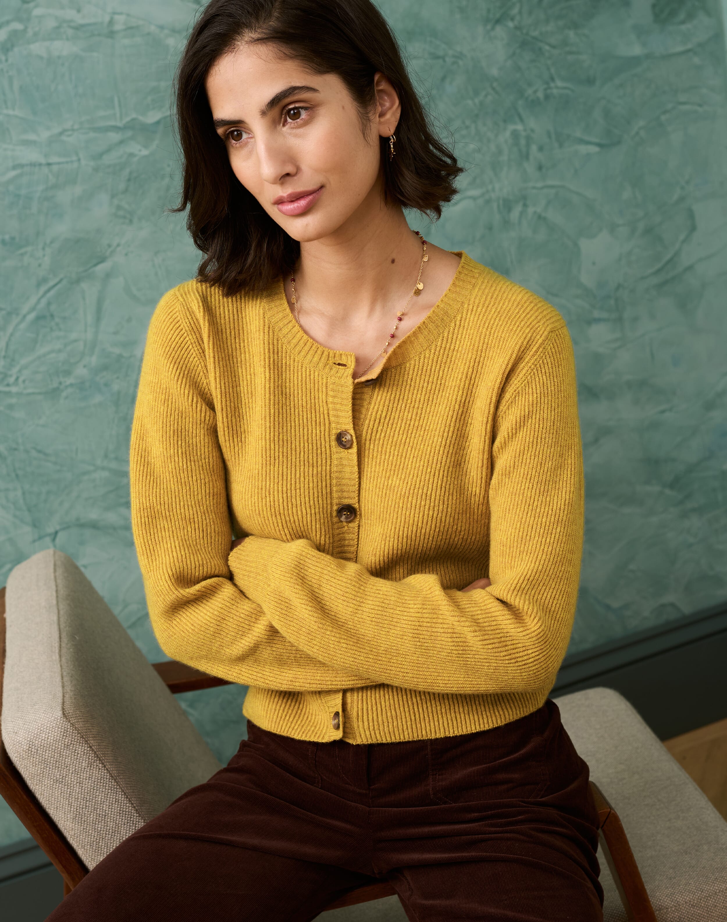 Cashmere Ribbed Cardigan Ochre