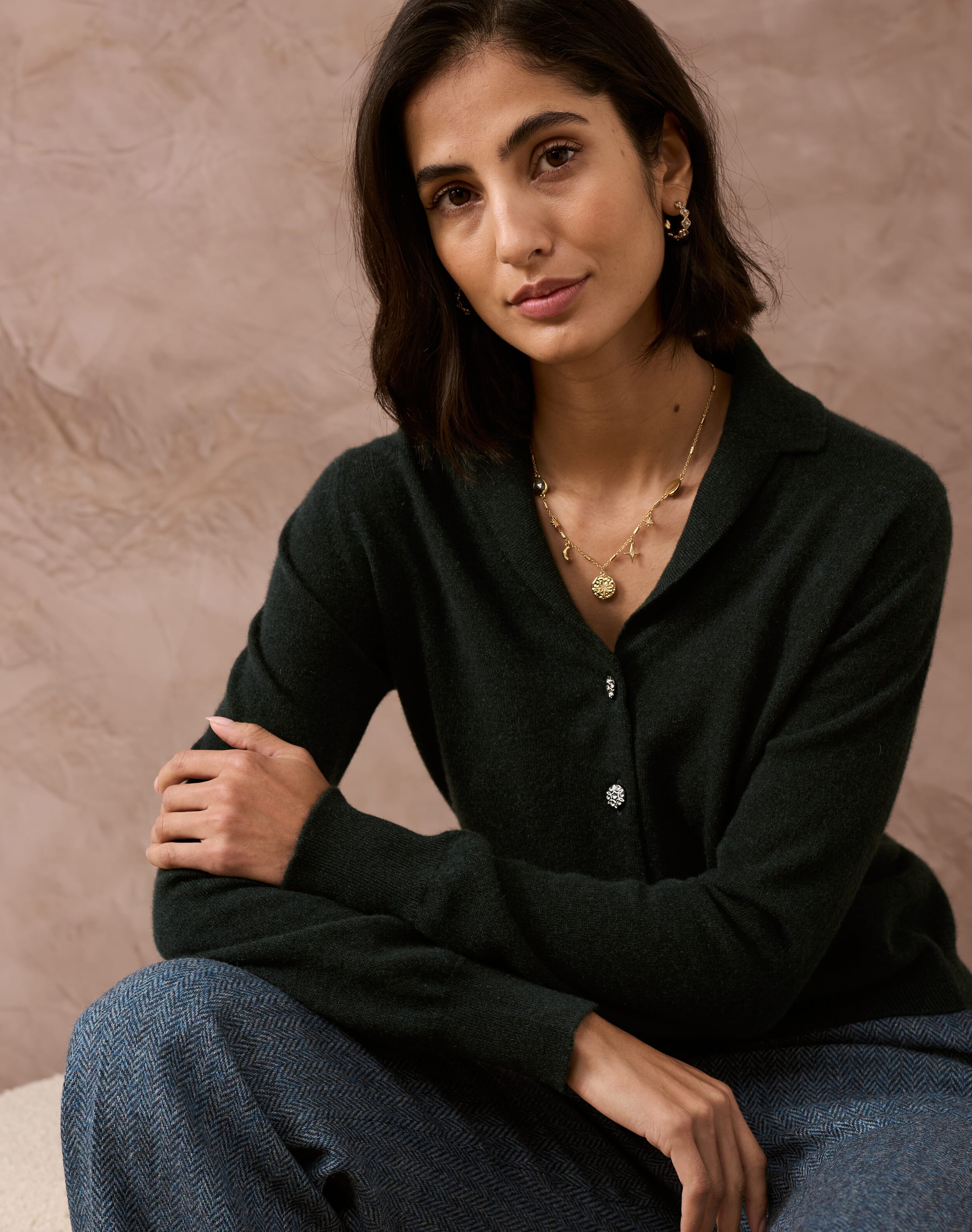 Brora Cashmere Collared Cardigan Pine for Women