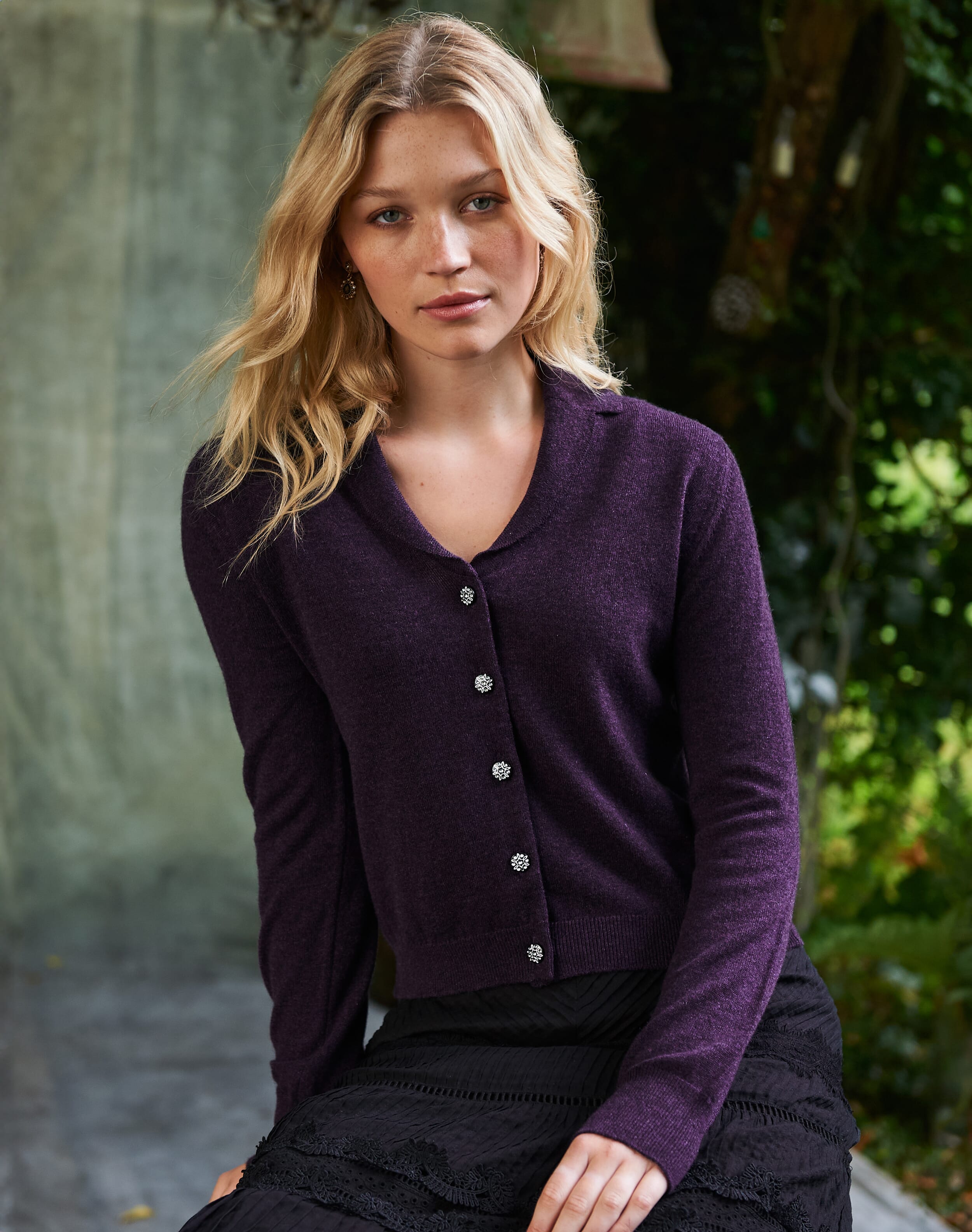 Brora Cashmere Collared Cardigan Blackcurrant