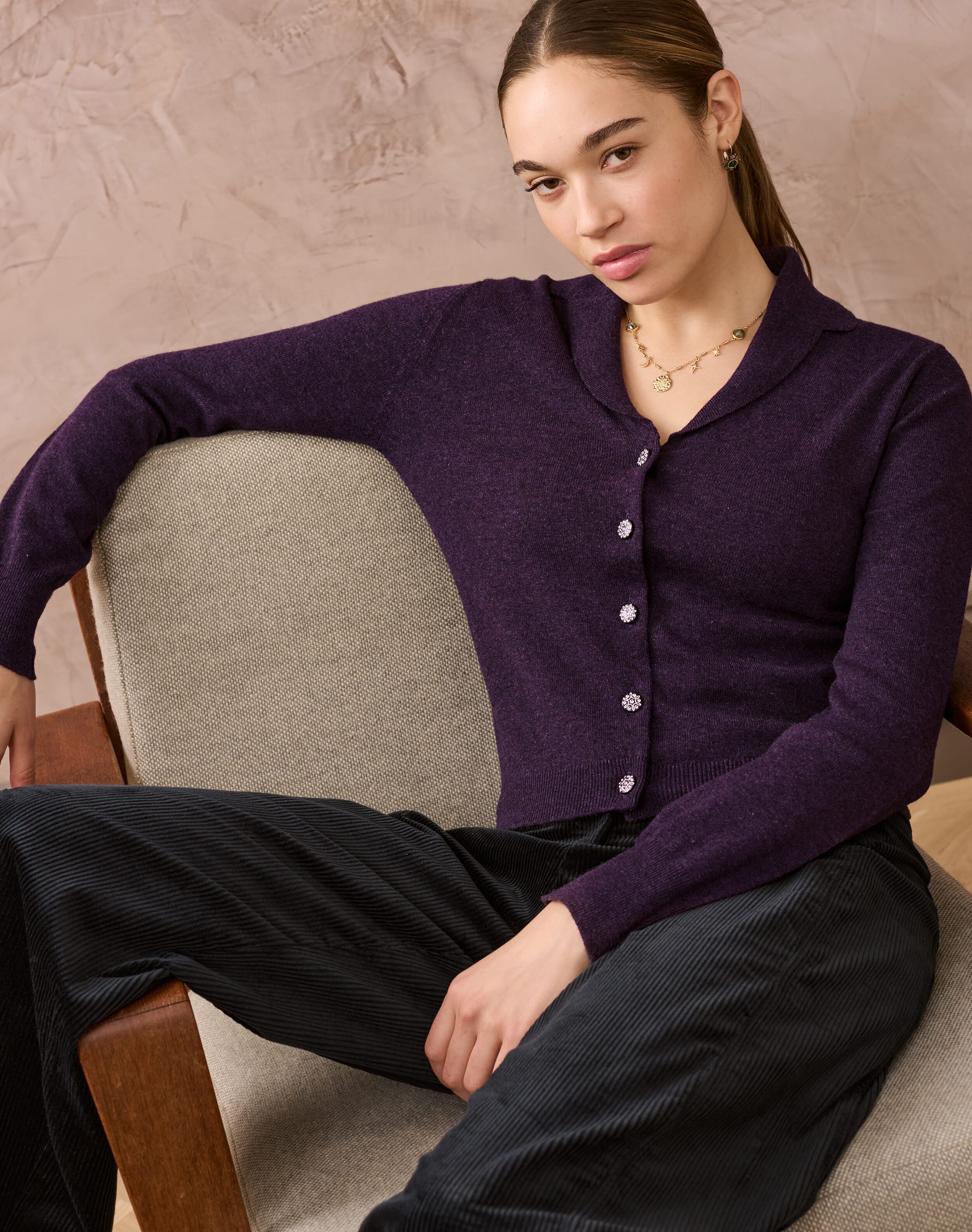 Brora Cashmere Collared Cardigan Blackcurrant for Women