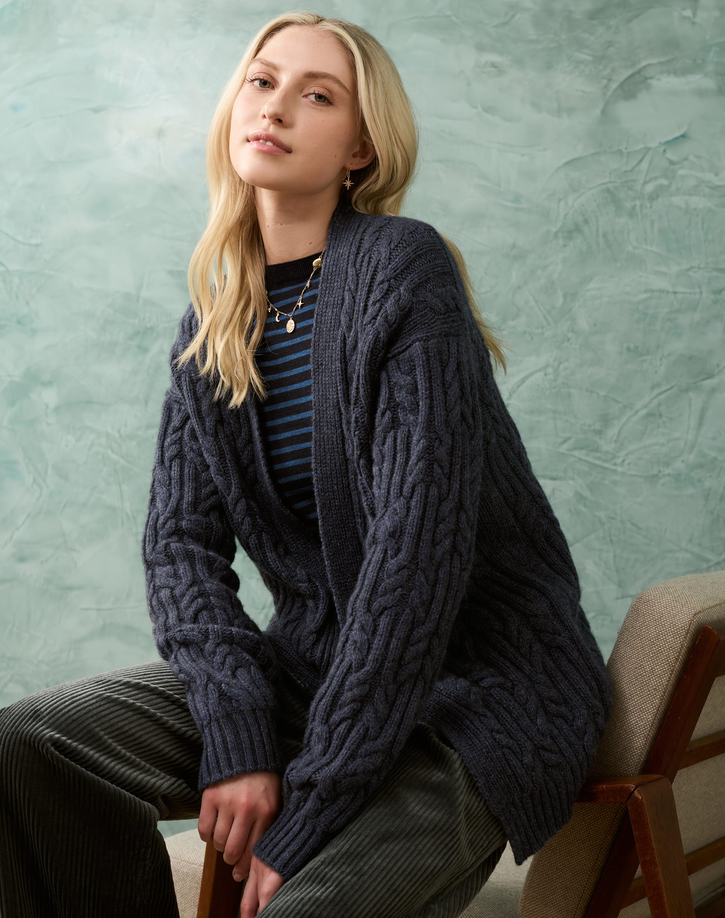 Brora Cashmere Luxe Knit Cable Cardigan Steel