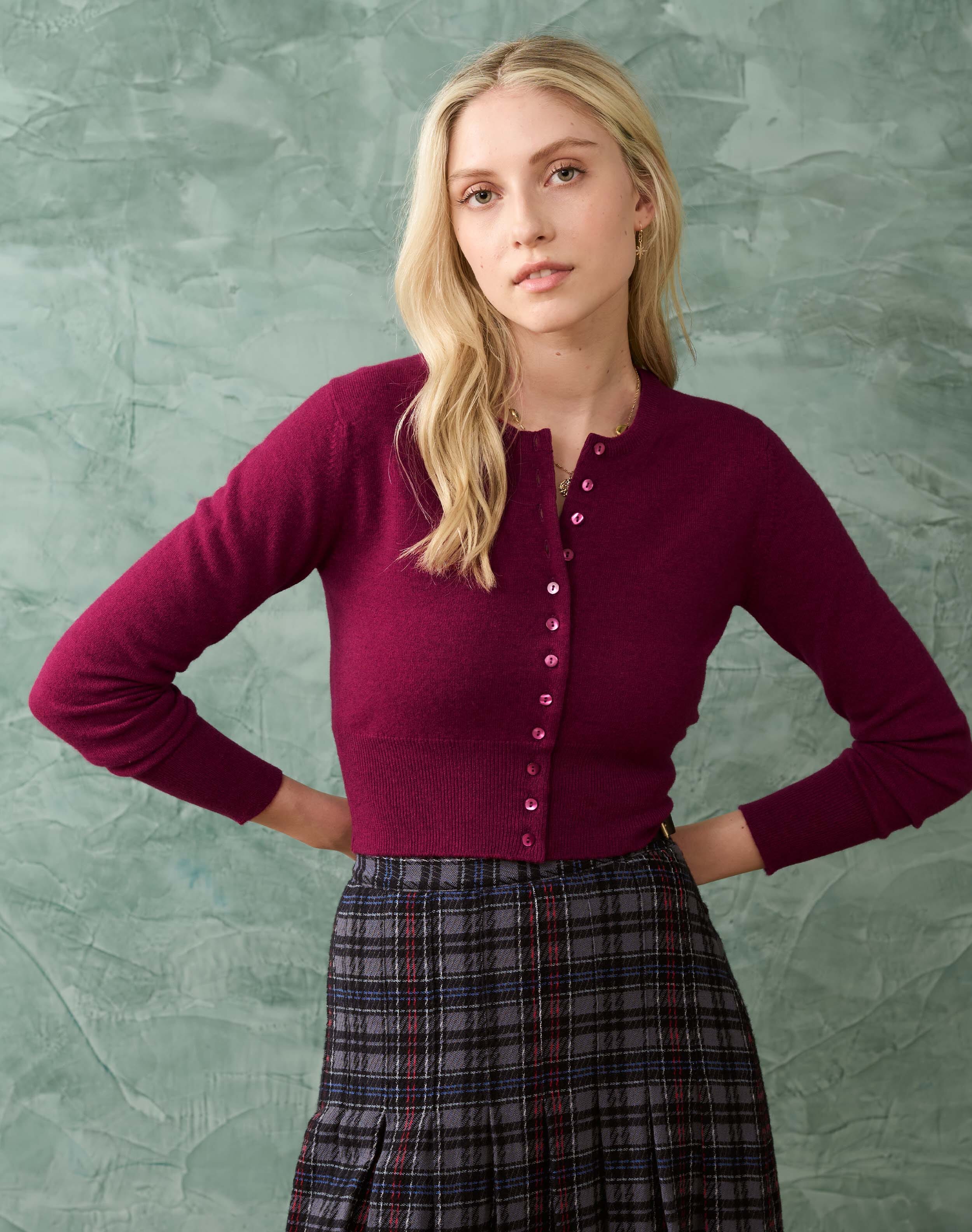 Brora Cashmere Long Sleeve Cropped Cardigan Mulberry for Women