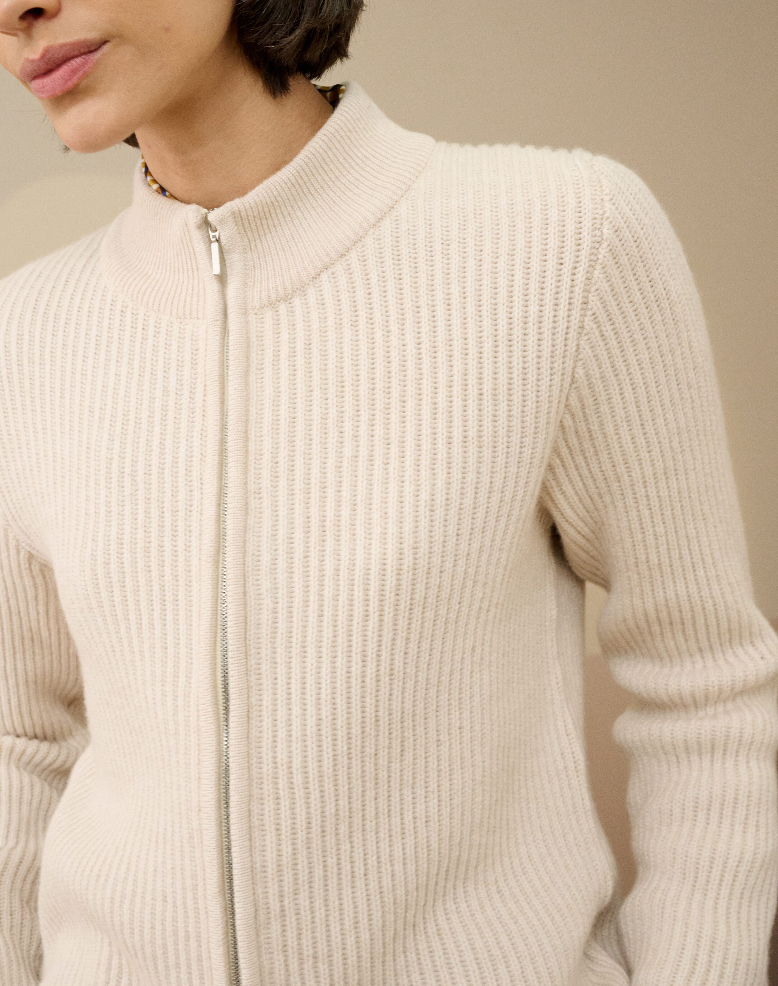 Cashmere Ribbed Zip Cardigan in Swan | Brora Clearance