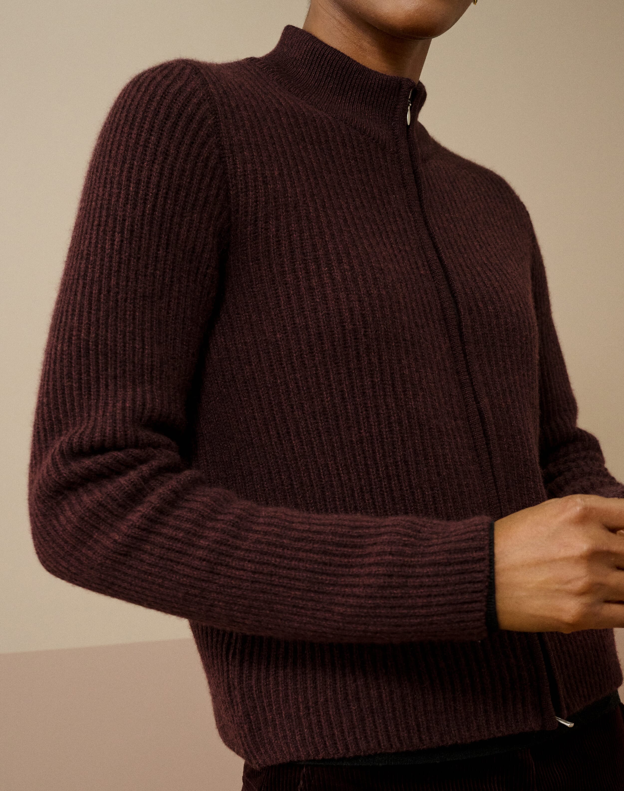 Cashmere Ribbed Zip Cardigan in Malt | Brora Clearance