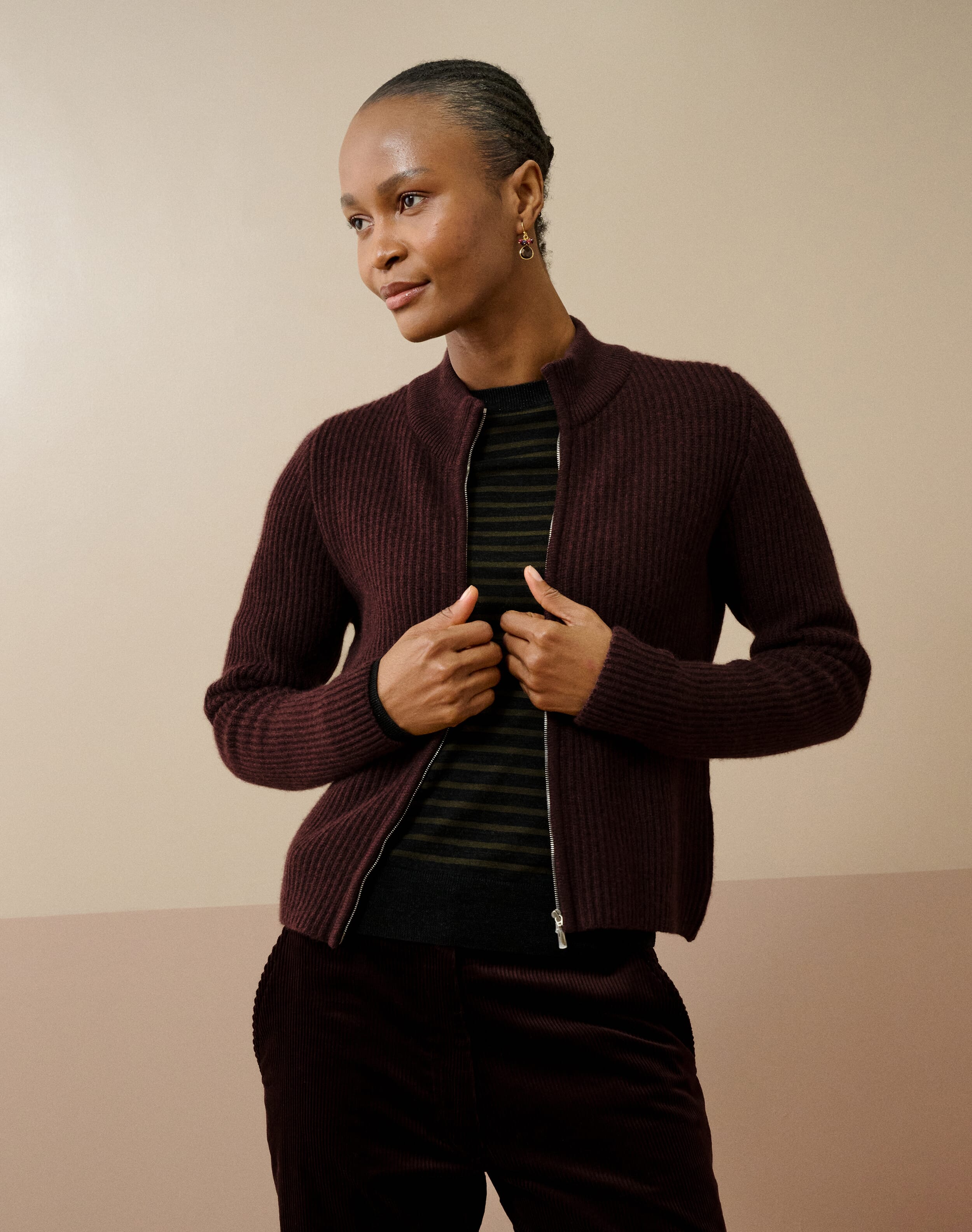 Cashmere Ribbed Zip Cardigan in Malt | Brora Clearance