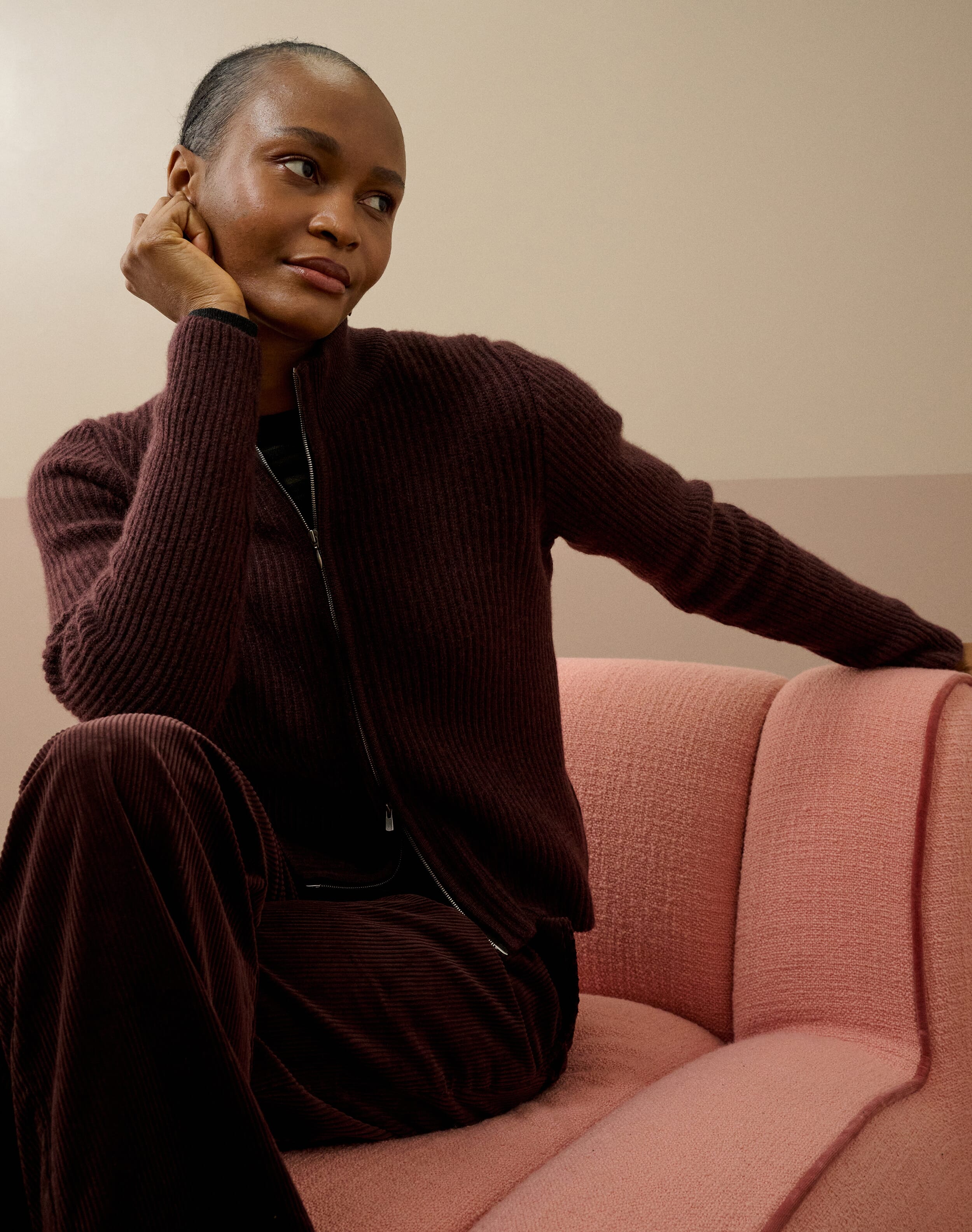 Cashmere Ribbed Zip Cardigan in Malt | Brora Clearance