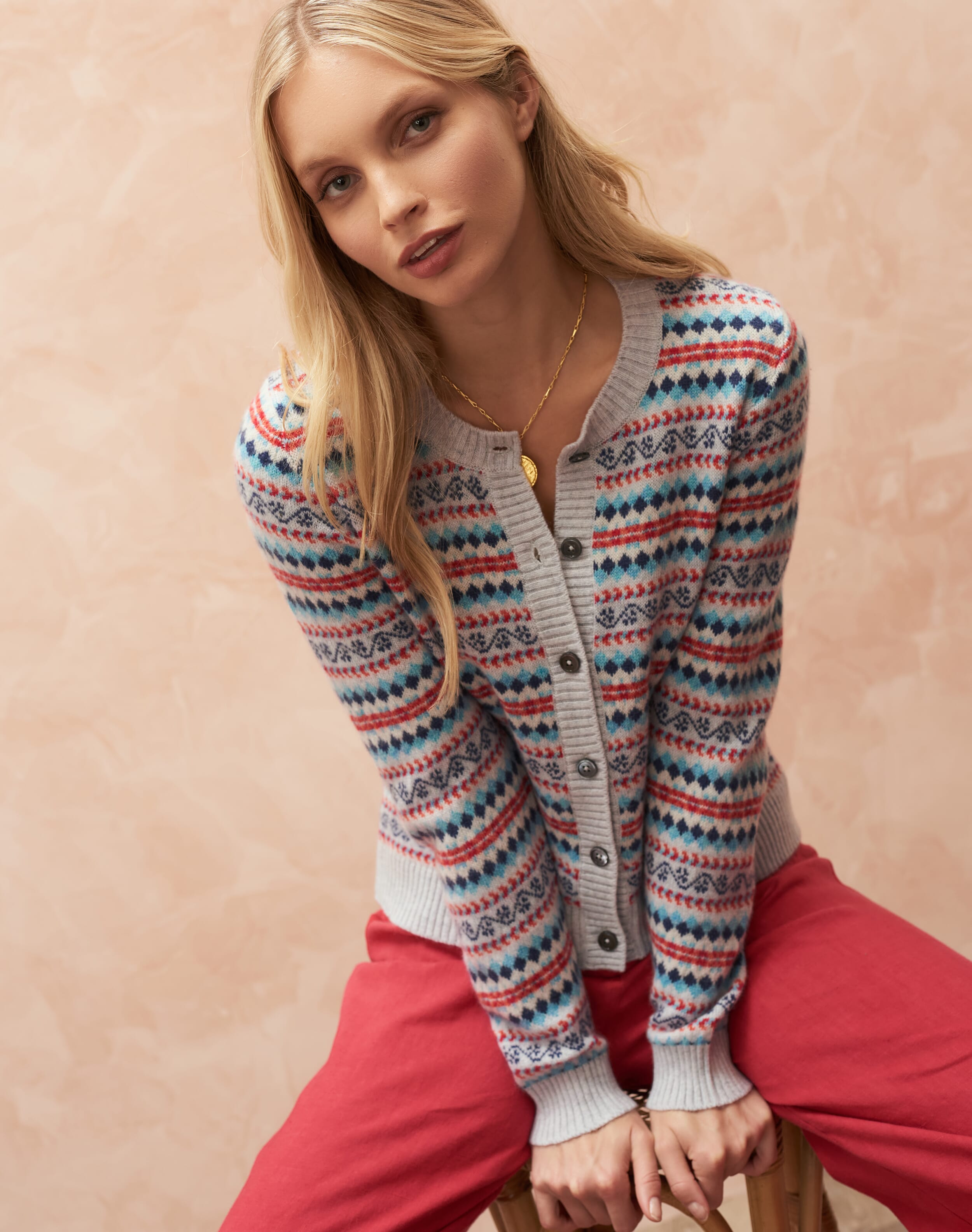 Cashmere Fair Isle Cardigan in Pearl Knitwear Brora