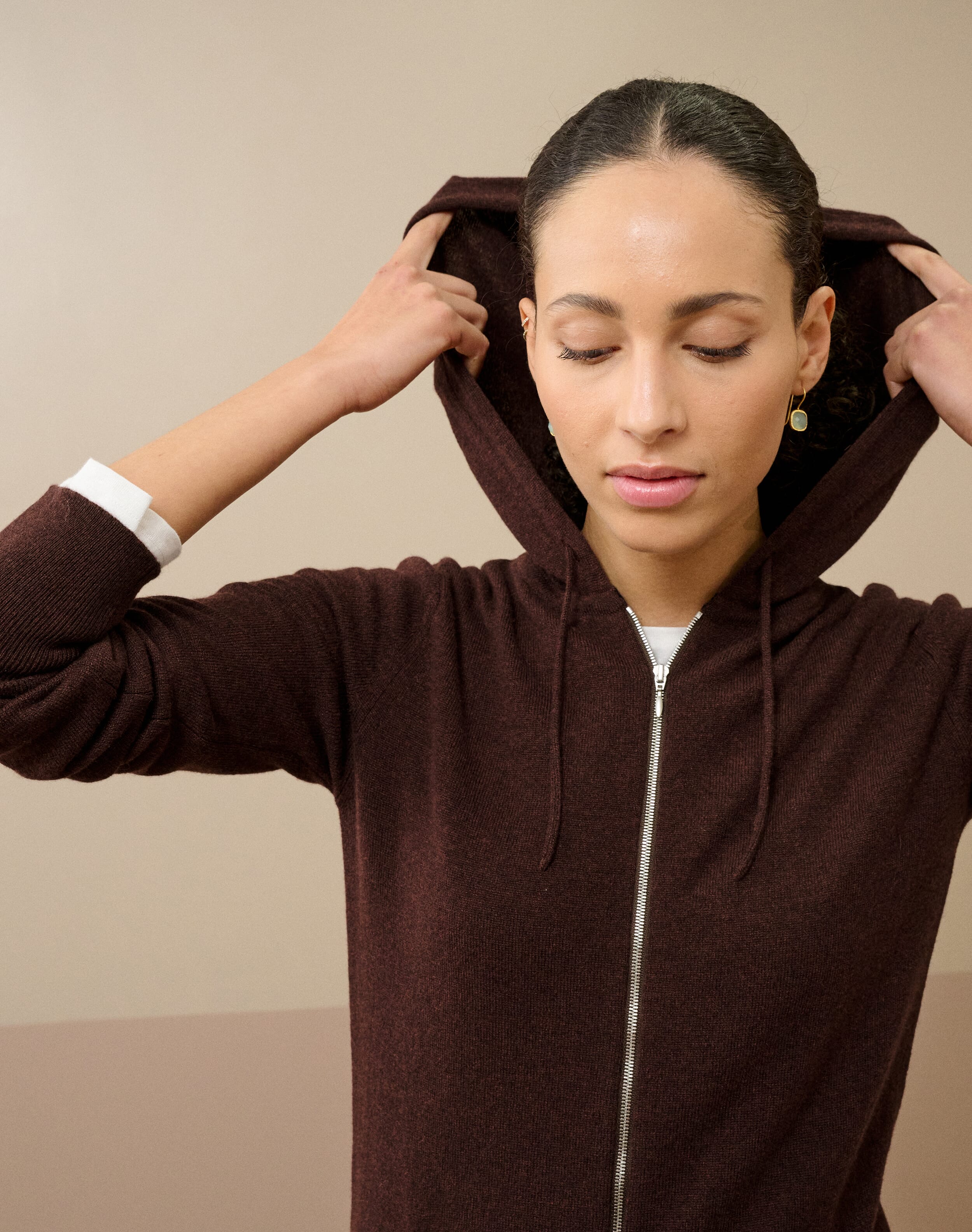 Brora Cashmere Zip Up Hooded Cardigan Malt  - Size: 12-14
