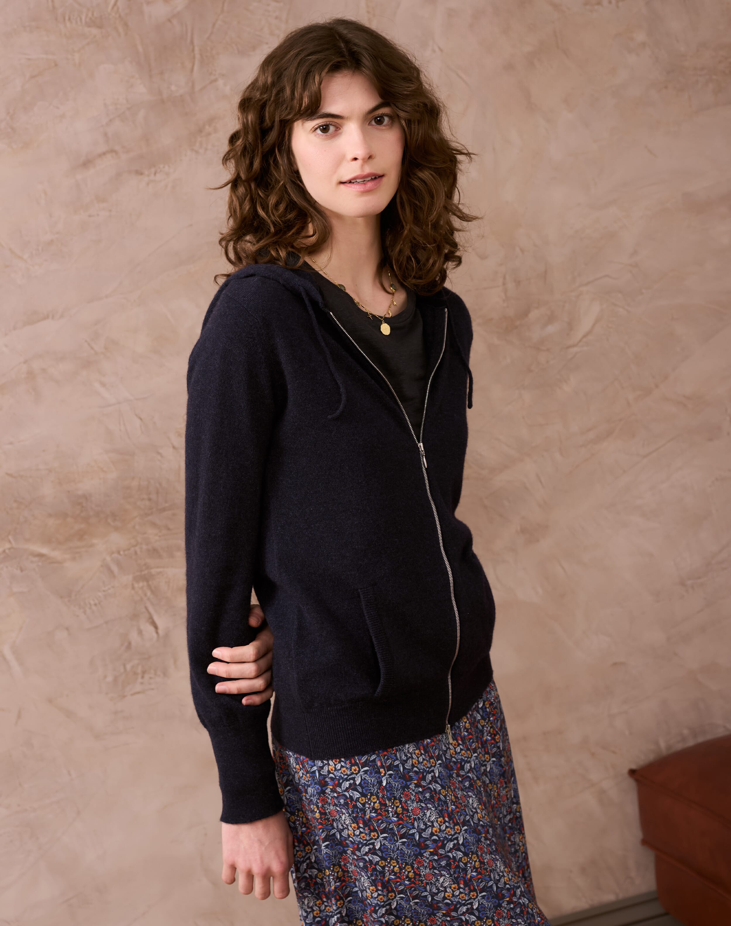 Brora Cashmere Zip Up Hooded Cardigan