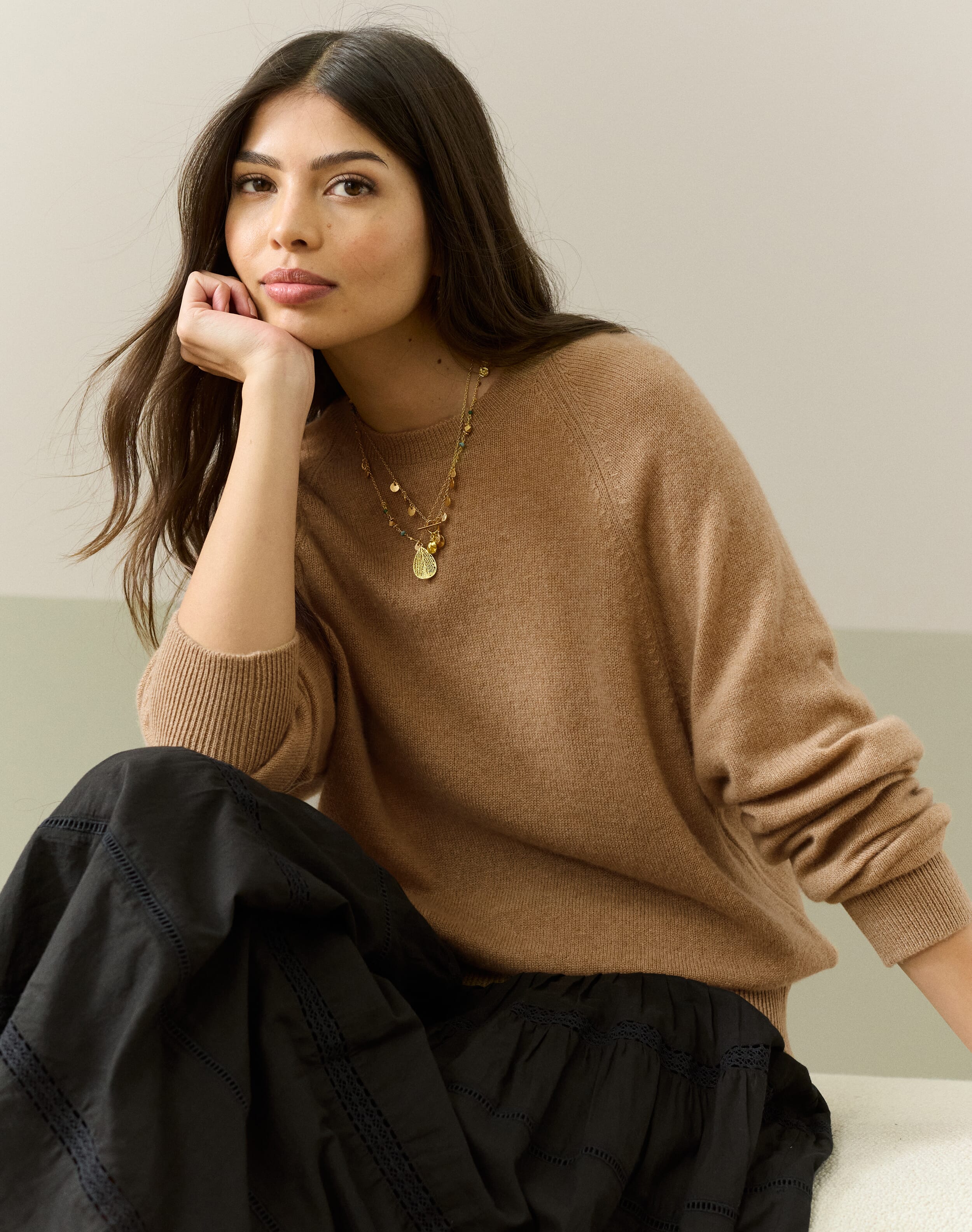 Brora Cashmere Gauzy Round Neck Jumper Camel  - Size: 4-6