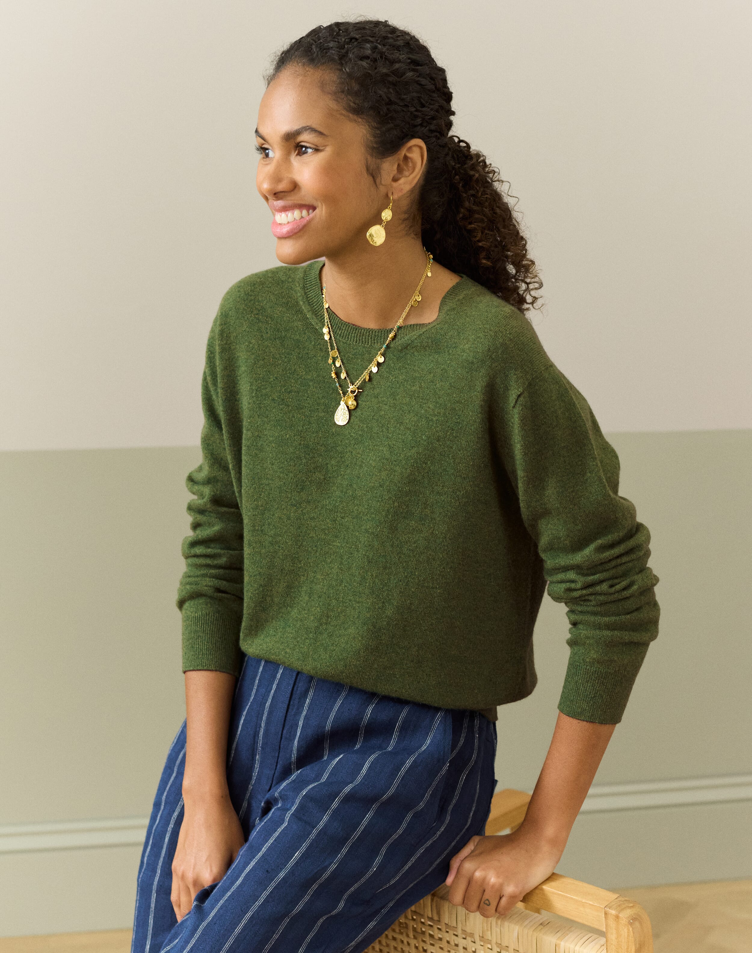 Brora Cashmere Round Neck Jumper Tarragon  - Size: 8