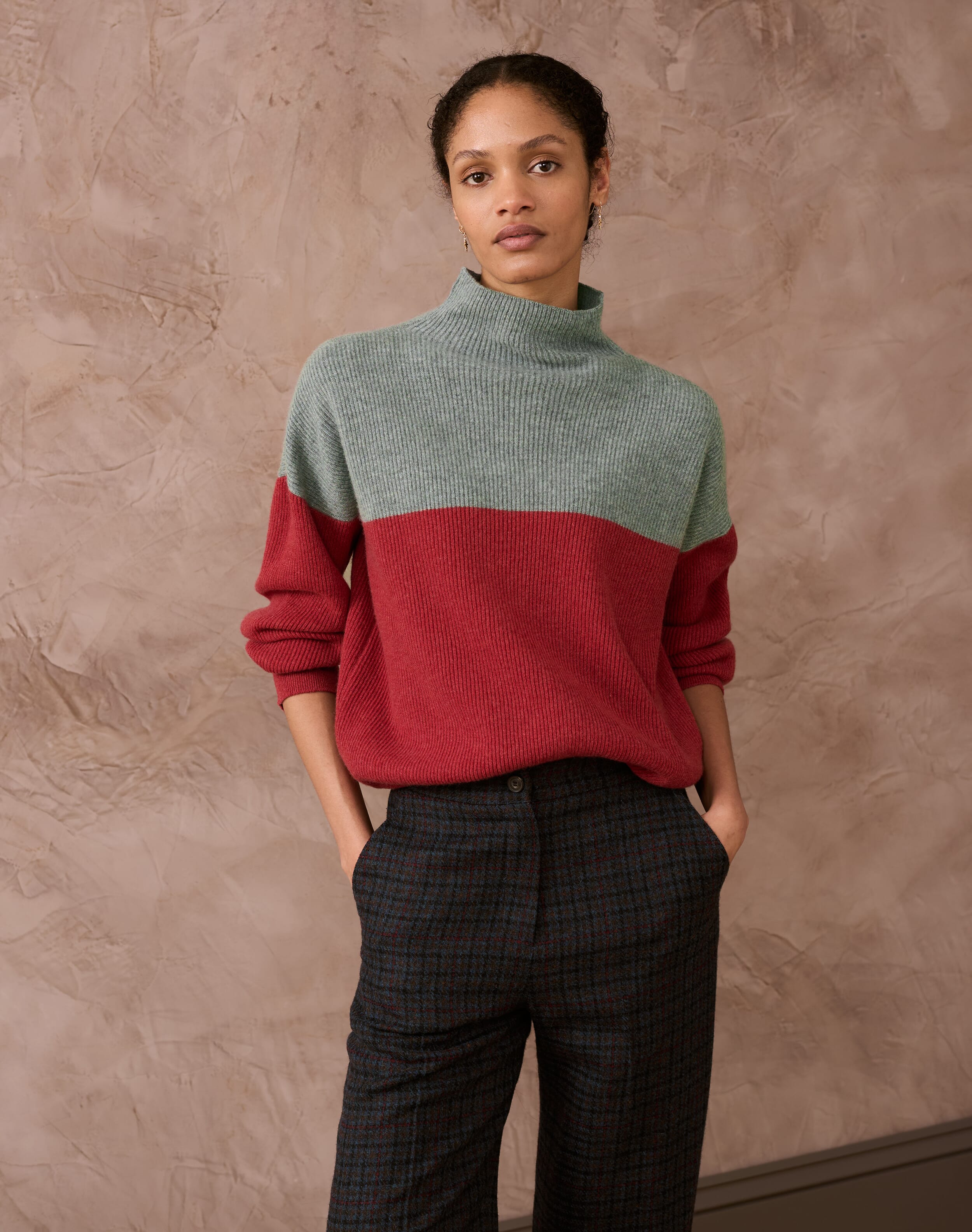 Brora Cashmere Colour Block Funnel Neck Clay & mercury