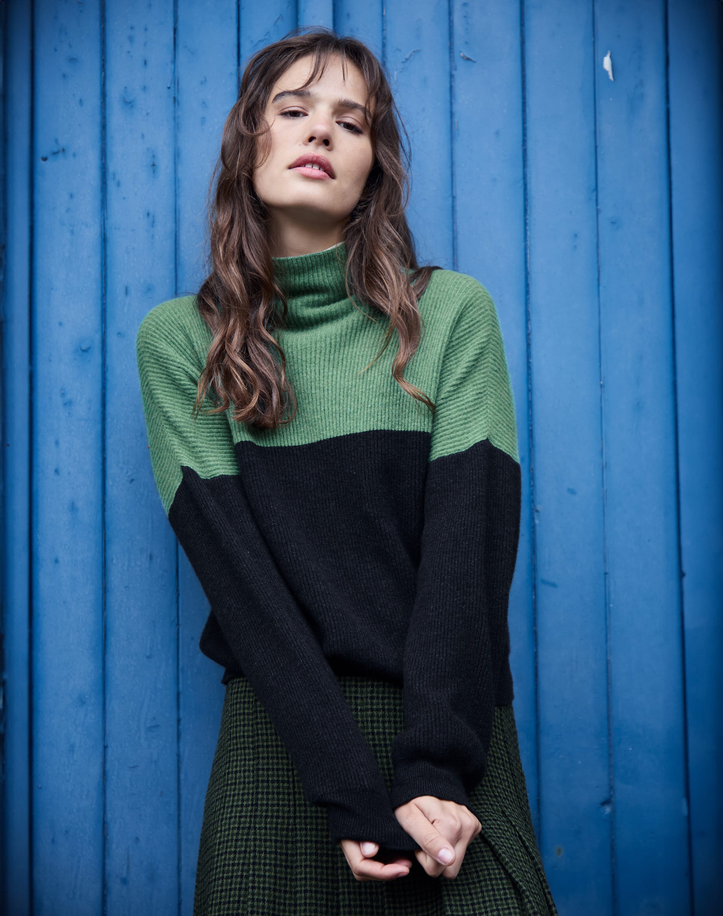 Brora Cashmere Colour Block Funnel Neck thyme