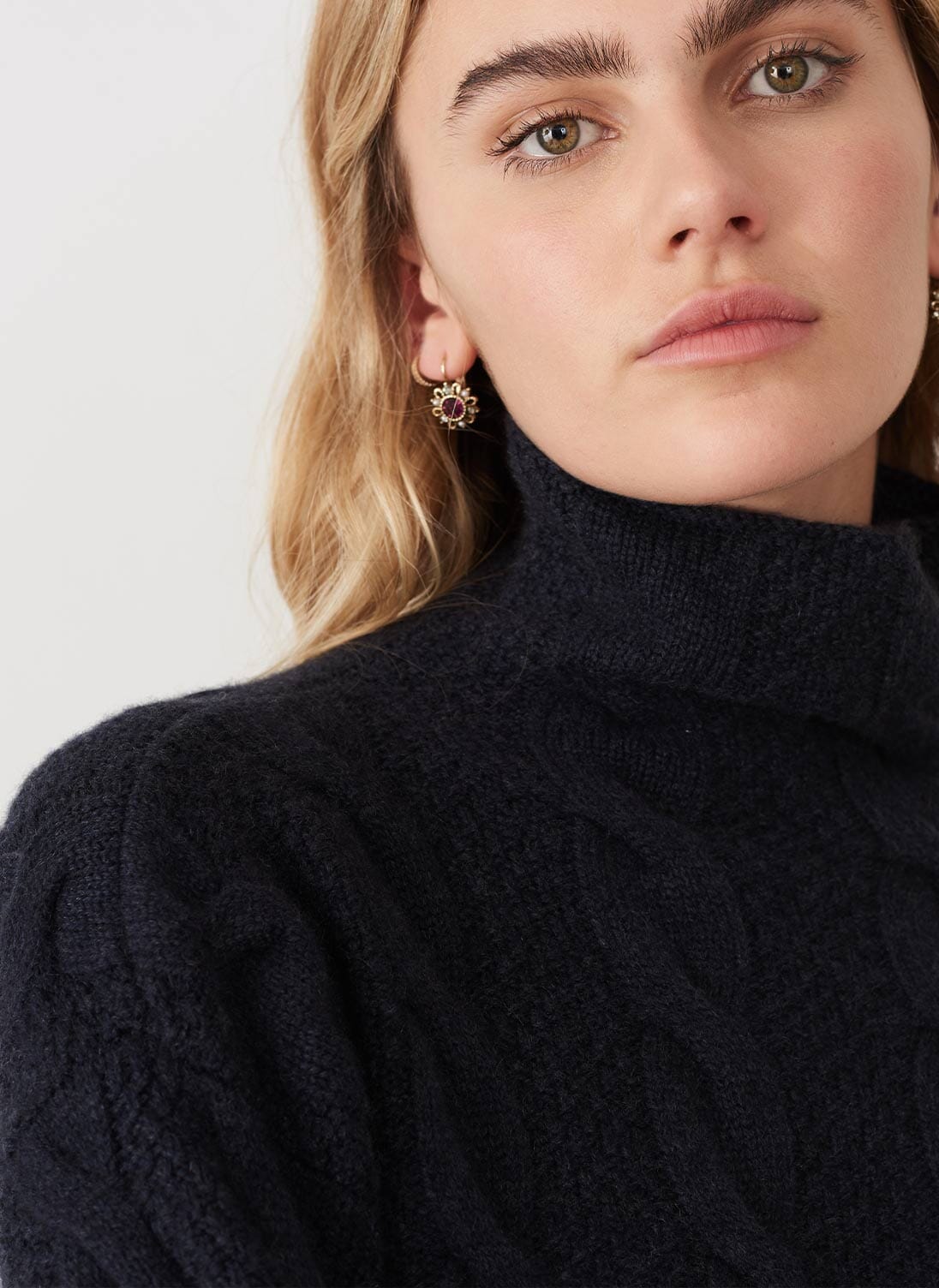 Midnight Cashmere Cable & Moss Stitch Funnel Neck | Knitwear | Brora