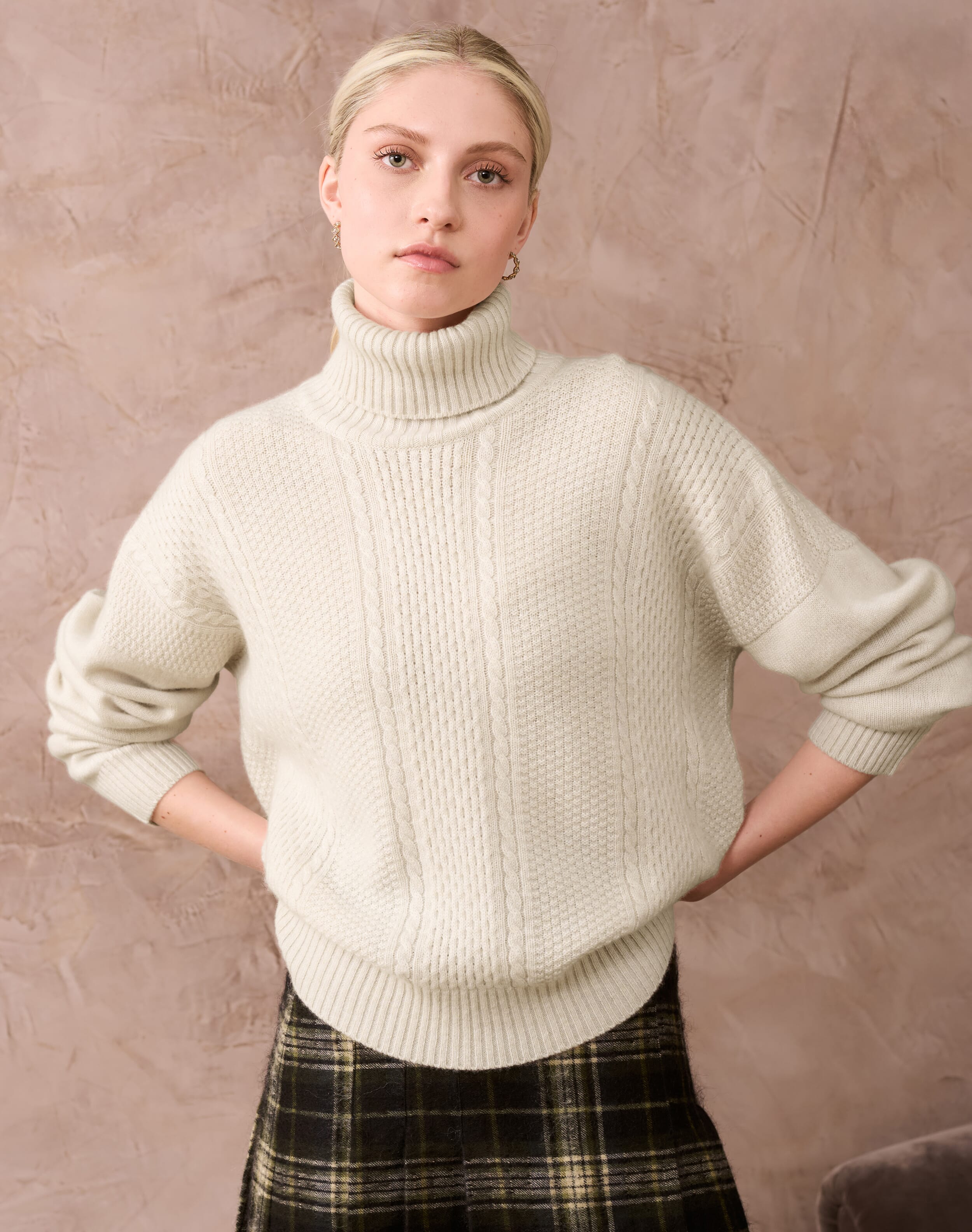 Brora Cashmere Aran Boxy Polo Neck Swan